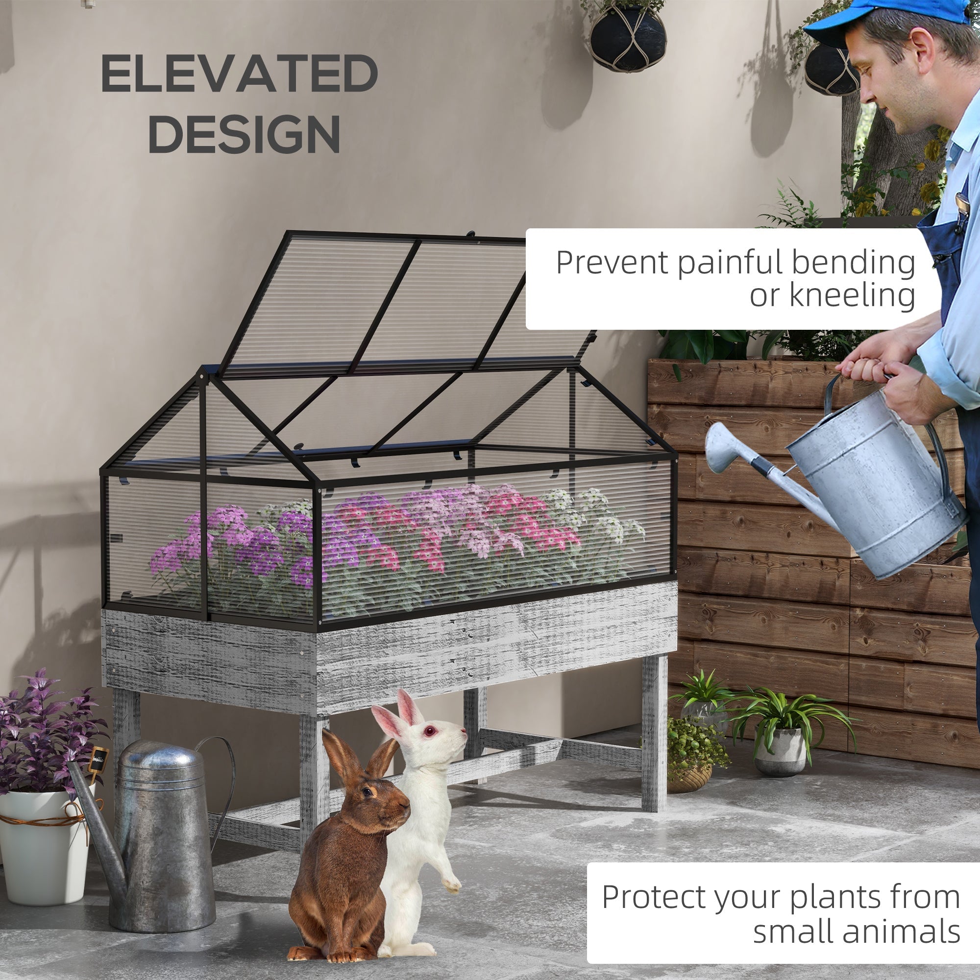 Wood Elevated Planter Box with Cold Frame Greenhouse, Raised Garden Bed for Vegetables, Flowers, Herbs, Distressed Grey Raised Garden Beds   at Gallery Canada