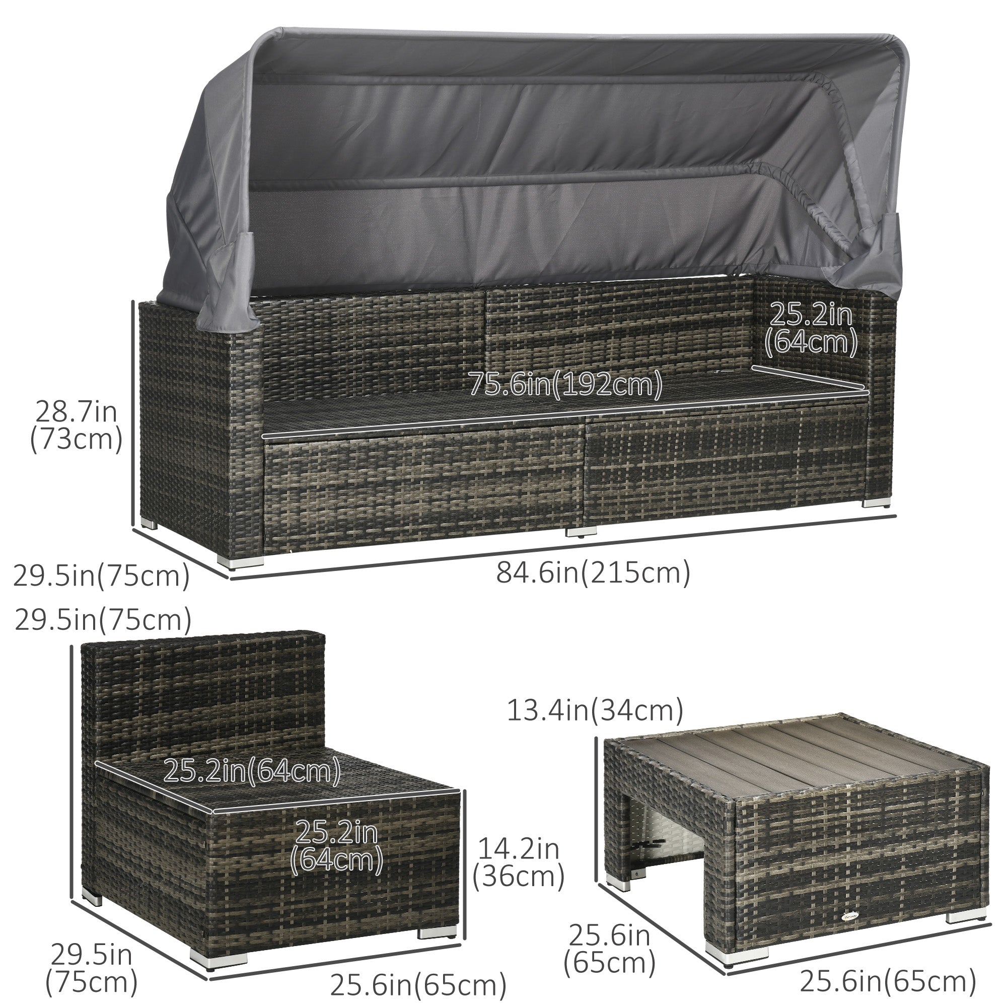 4 Pieces Patio Furniture Set, Rattan Wicker Outdoor Sectional Sofa with Retractable Canopy, Cushions, 3-Seater Sofa for Backyard, Garden, Gray Patio Furniture Sets at Gallery Canada