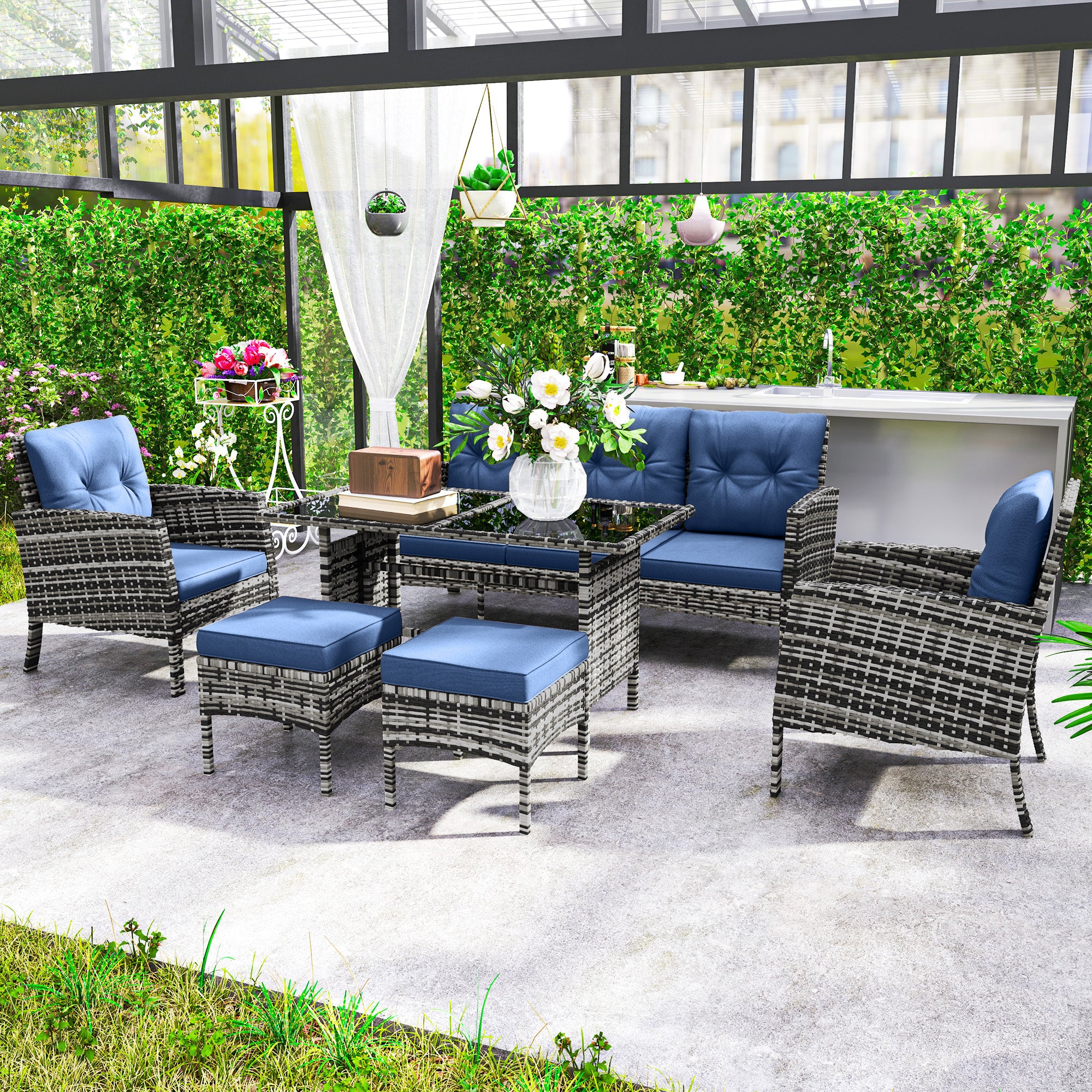 6 Piece Patio Furniture Set with Patio Chairs, Ottomans, Sofa, Glass Top Table and Cushions, Wicker Rattan Outdoor Furniture Set for Backyard, Porch, Navy Blue Patio Furniture Sets at Gallery Canada