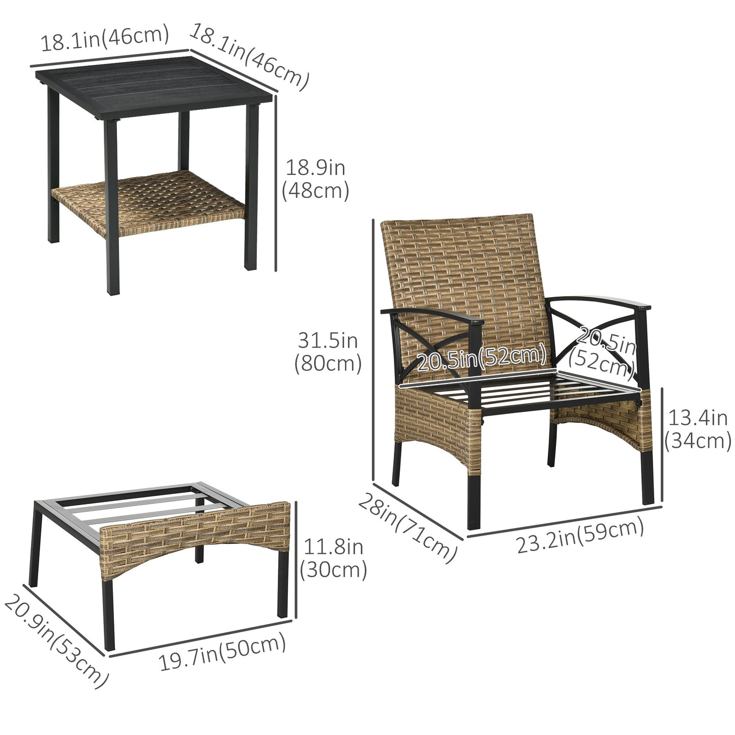 5 Piece PE Rattan Garden Furniture Set, 2 Armchairs,2 Stools, Steel Tabletop with Wicker Shelf, Padded Outdoor Seating, Khaki Bistro Sets   at Gallery Canada