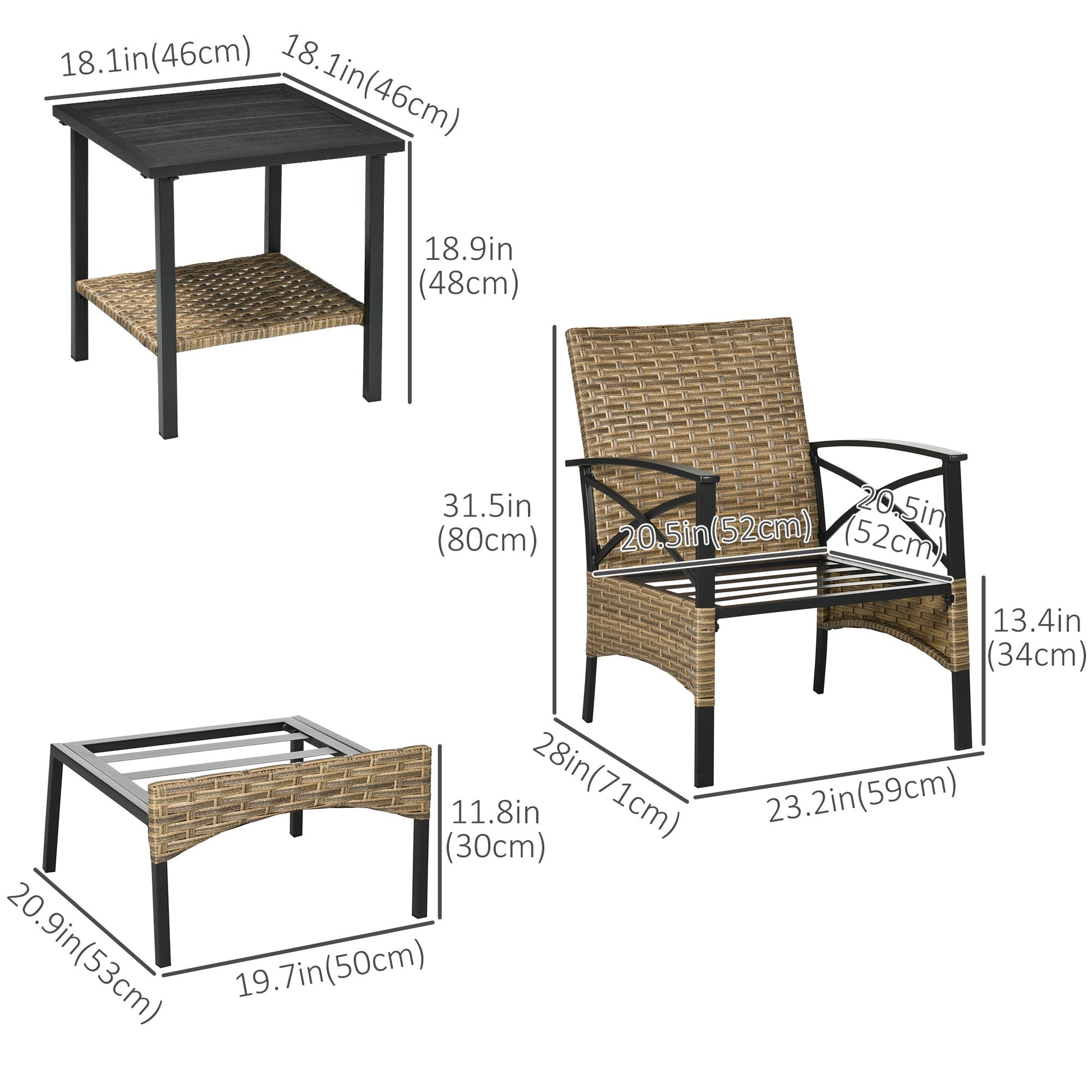 5 Piece PE Rattan Garden Furniture Set, 2 Armchairs,2 Stools, Steel Tabletop with Wicker Shelf, Padded Outdoor Seating, Khaki Bistro Sets   at Gallery Canada