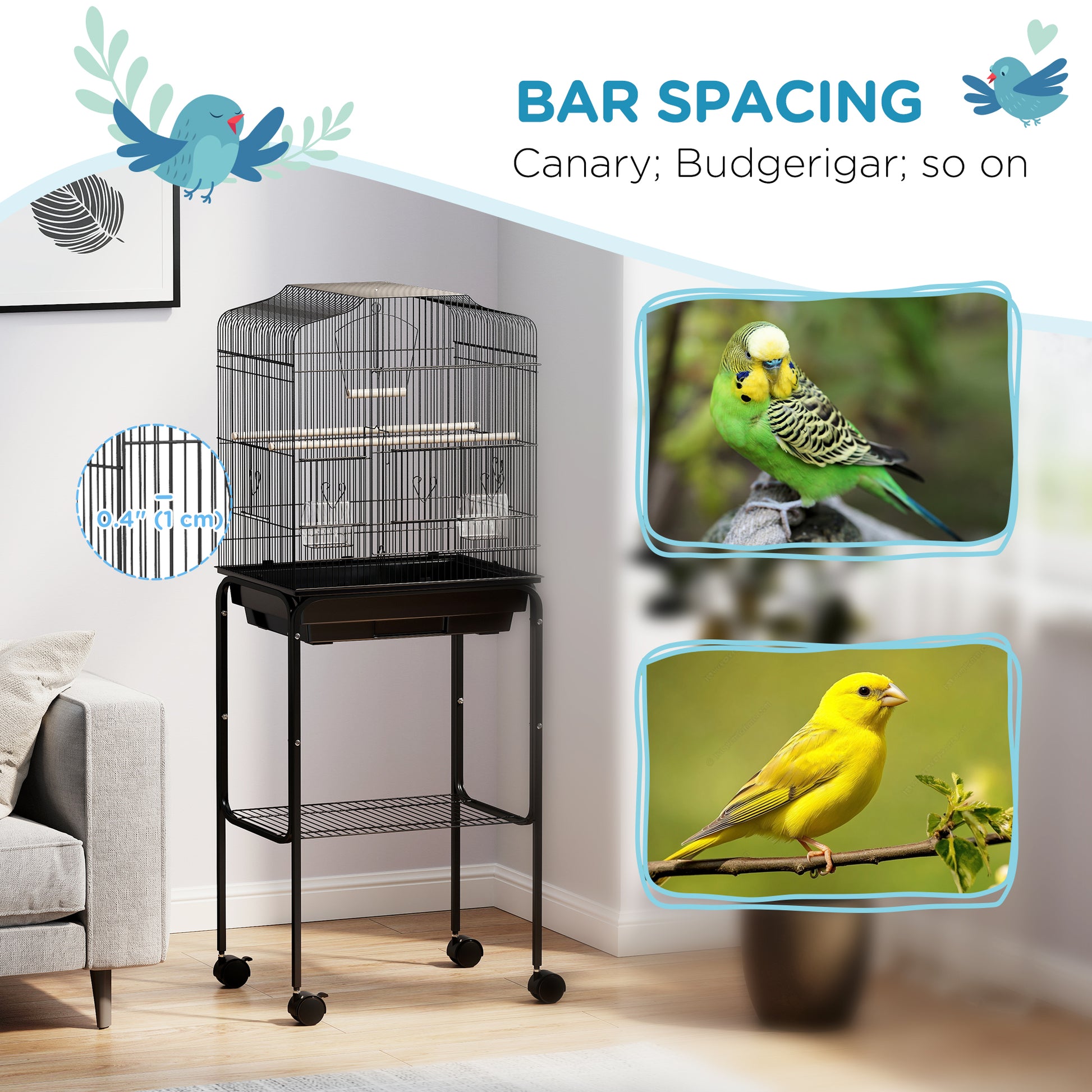 49" Rolling Bird Cage Cockatoo House Play Top Finch Pet Supply with Storage Shelf, Wheels - Black Bird Cages at Gallery Canada