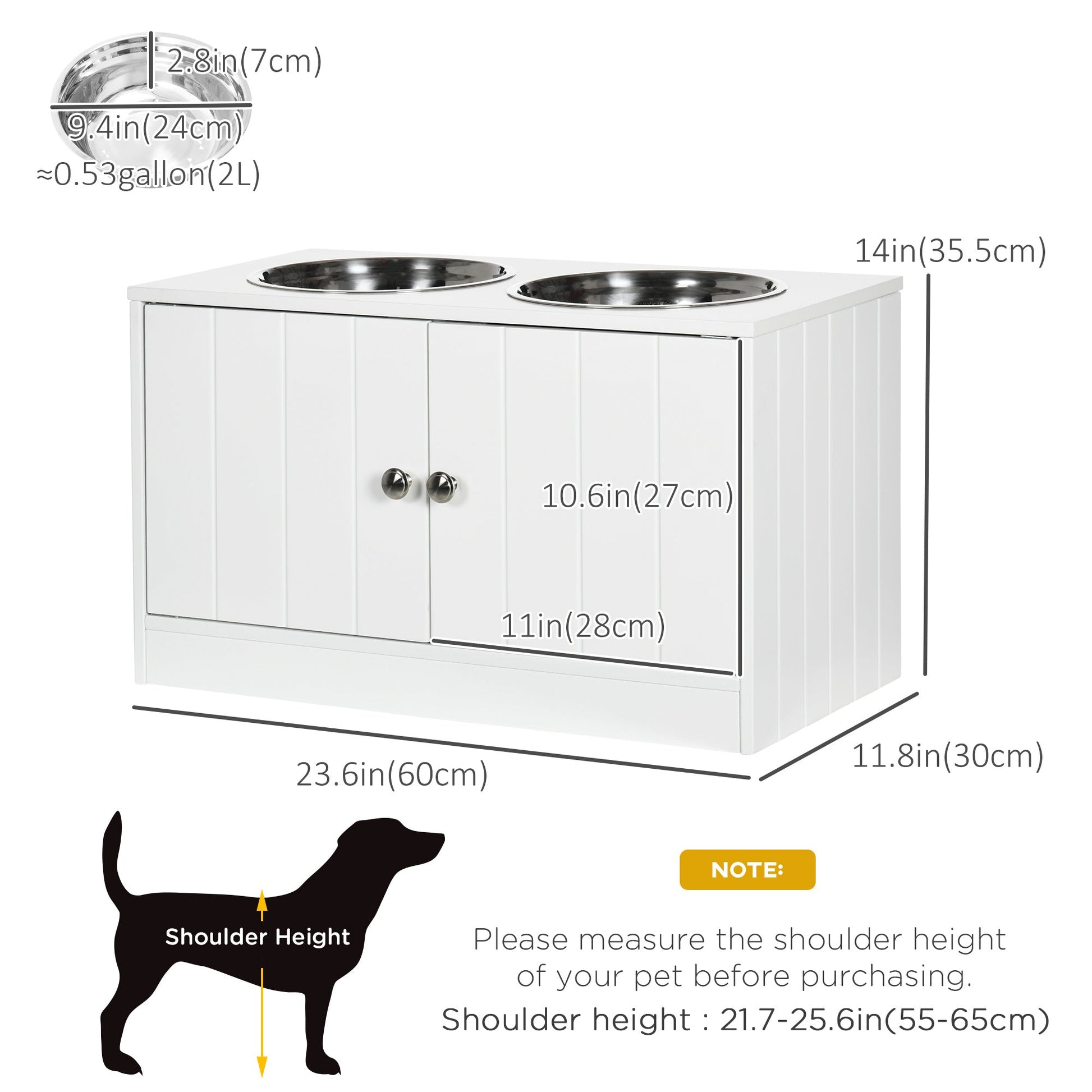 Elevated Dog Bowls for Large Dogs Pet Feeding Station with Stand, Storage, 2 Stainless Steel Food and Water Bowls, White, 23.6" x 11.8" x 14" Dog Bowls   at Gallery Canada