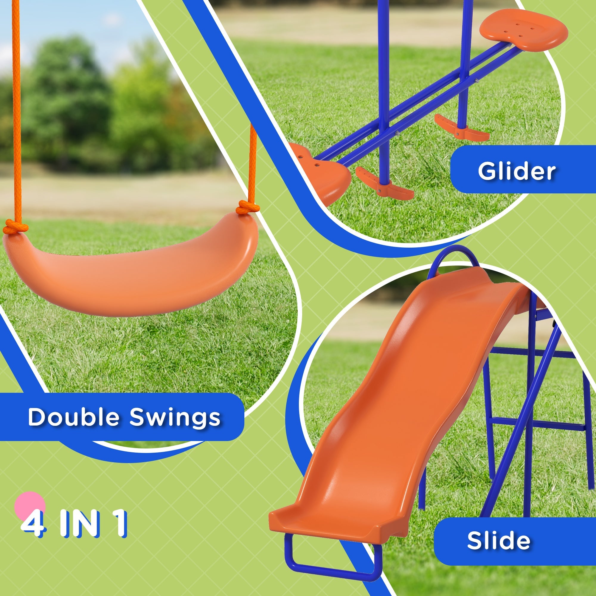 4 in 1 Metal Swing Set with Double Swings, Glider, Slide, Ladder for Backyard, Outdoor, Playground, Multicoloured Gym Sets & Swings   at Gallery Canada