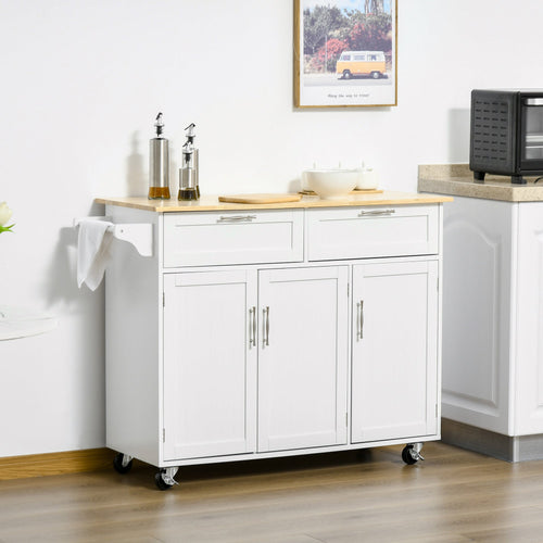 Rolling Kitchen Island, Kitchen Cart on Wheels with 2 Storage Drawers and Cabinets for Dining Room, White