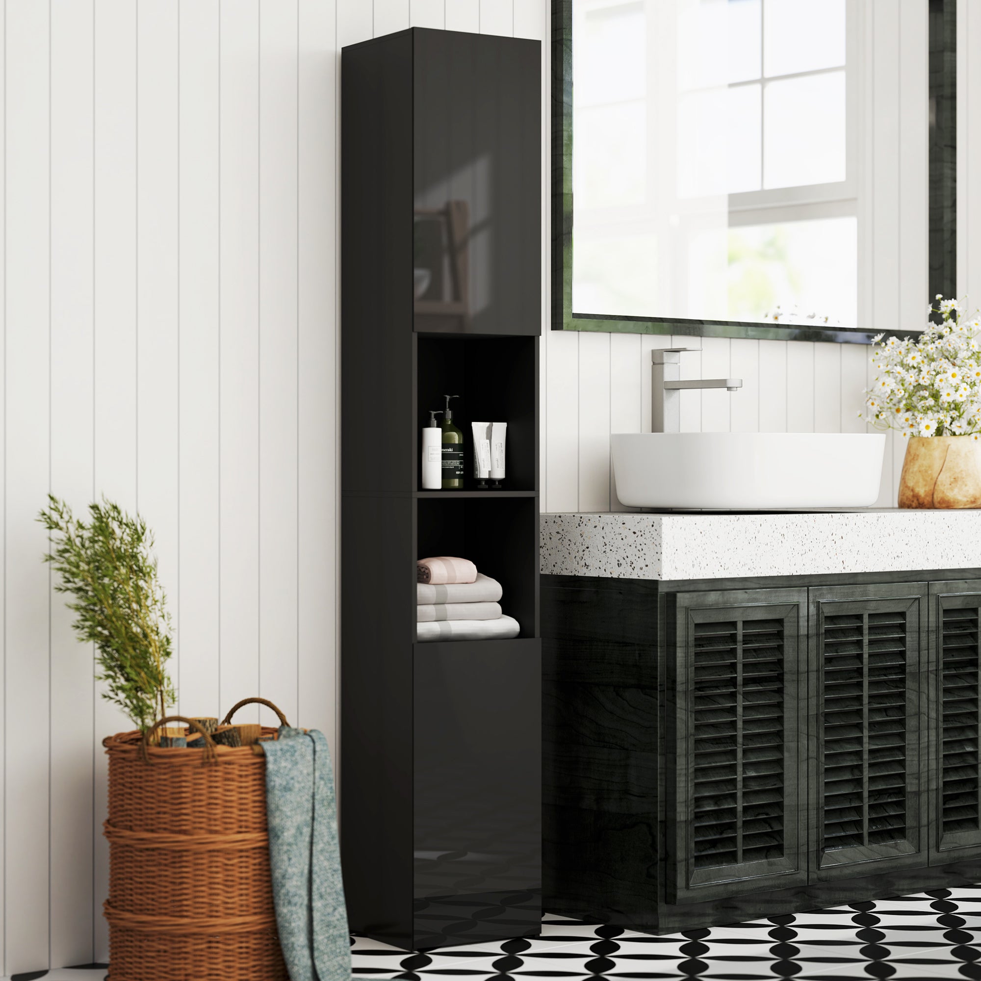 Tall Bathroom Cabinet, High Gloss Storage Cabinet with Doors and Adjustable Shelves, 11.8