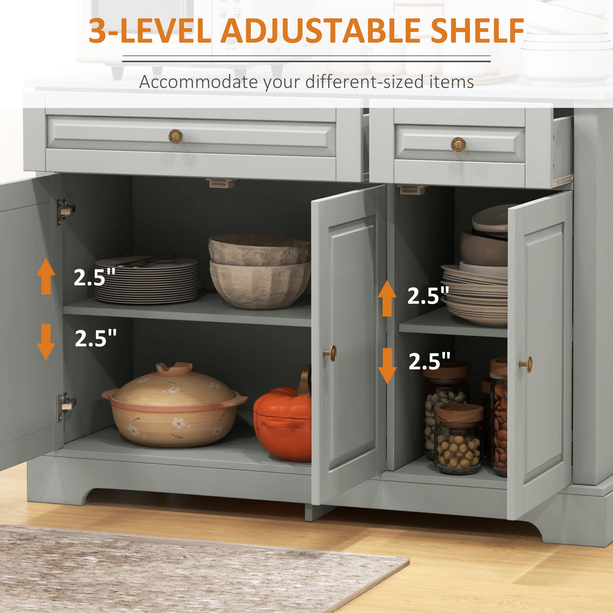 Modern Sideboard Cabinet, Buffet Cabinet with 2 Drawers and Adjustable Shelves, Buffets Tables for Dining Room, Grey Bar Cabinets at Gallery Canada