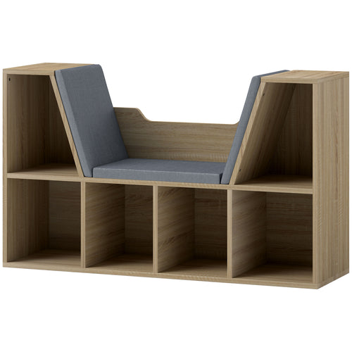 6-Cubby Bookcase with Seat Cushion, Cube Storage Shelf with Reading Nook for Home Office, Study, Oak