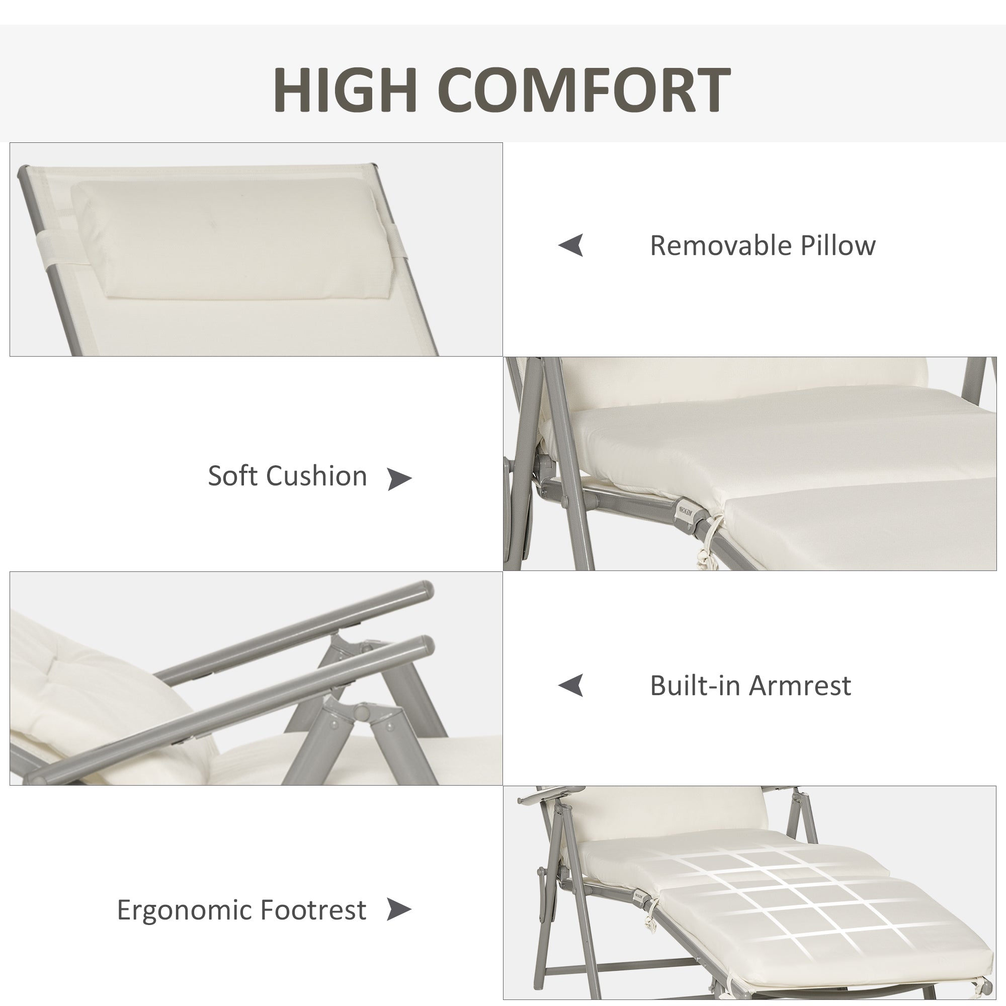 Outdoor Folding Chaise Lounge Chair Recliner with Portable Design, Adjustable Backrest, Cushion and Headrest, Cream White Lounger Chairs   at Gallery Canada