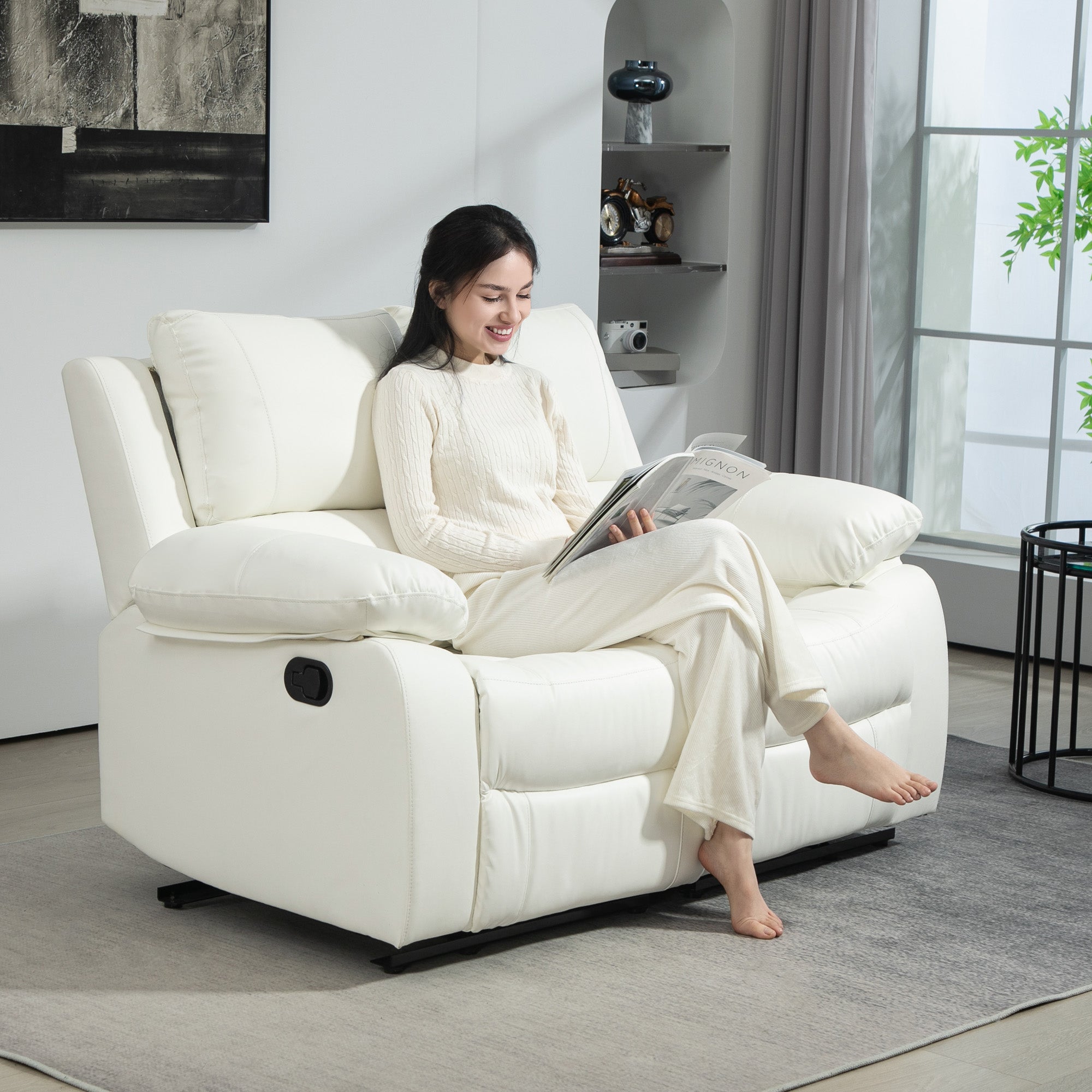 PU Leather Manual Recliner Sofa, Double Reclining Loveseat with Pullback Control Footrest for Living Room, White 2-Seater Sofas at Gallery Canada