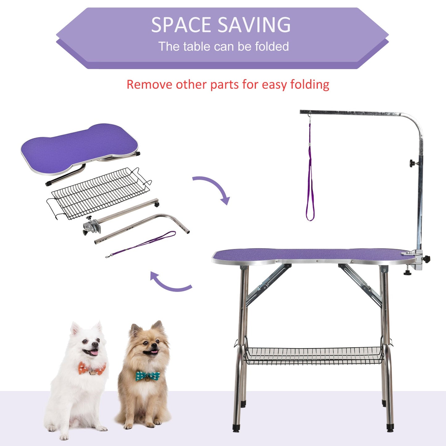 Foldable 37" Pet Grooming Table with Adjustable Arm and Non-Slip Top, Purple Dog Grooming Tables   at Gallery Canada