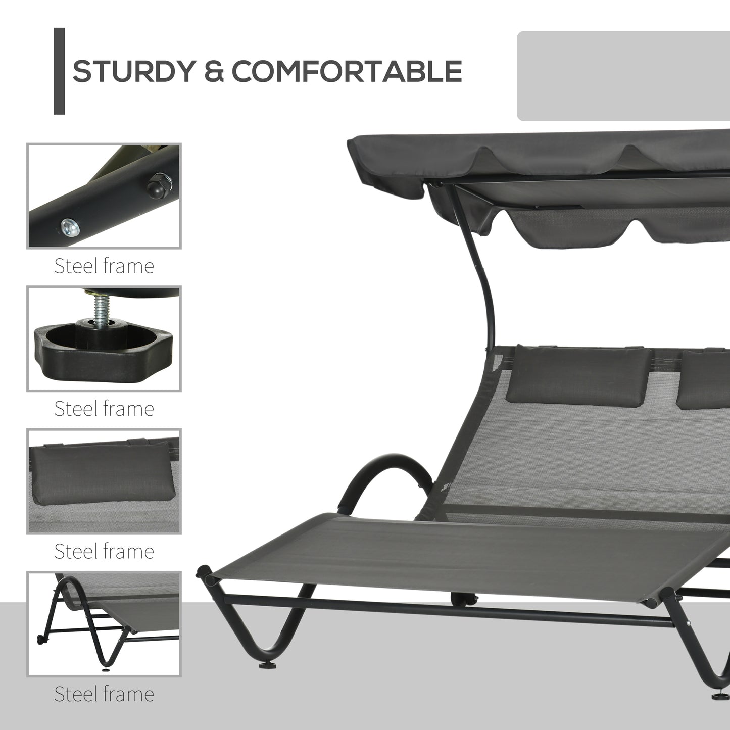 Outdoor Patio Chaise Lounge Chair, Patio Sun Lounger w/ Sunshade Roof, for Two People with Wheels and Breathable Sling Mesh Bed, Pillows, Dark Gray Daybeds   at Gallery Canada