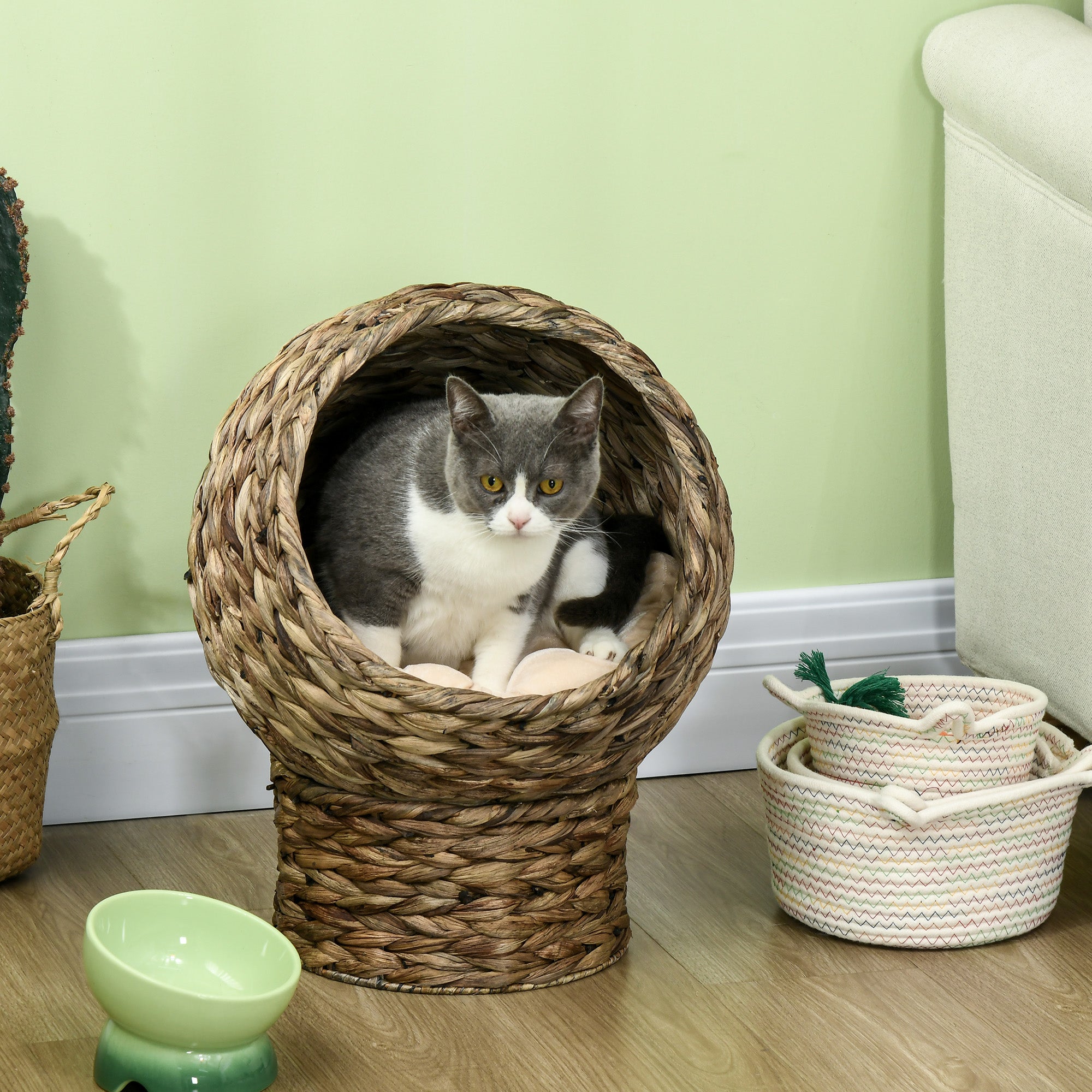 Wicker Cat Bed with Cushion, Stand, for Indoor Cats, Grey Cat Houses at Gallery Canada