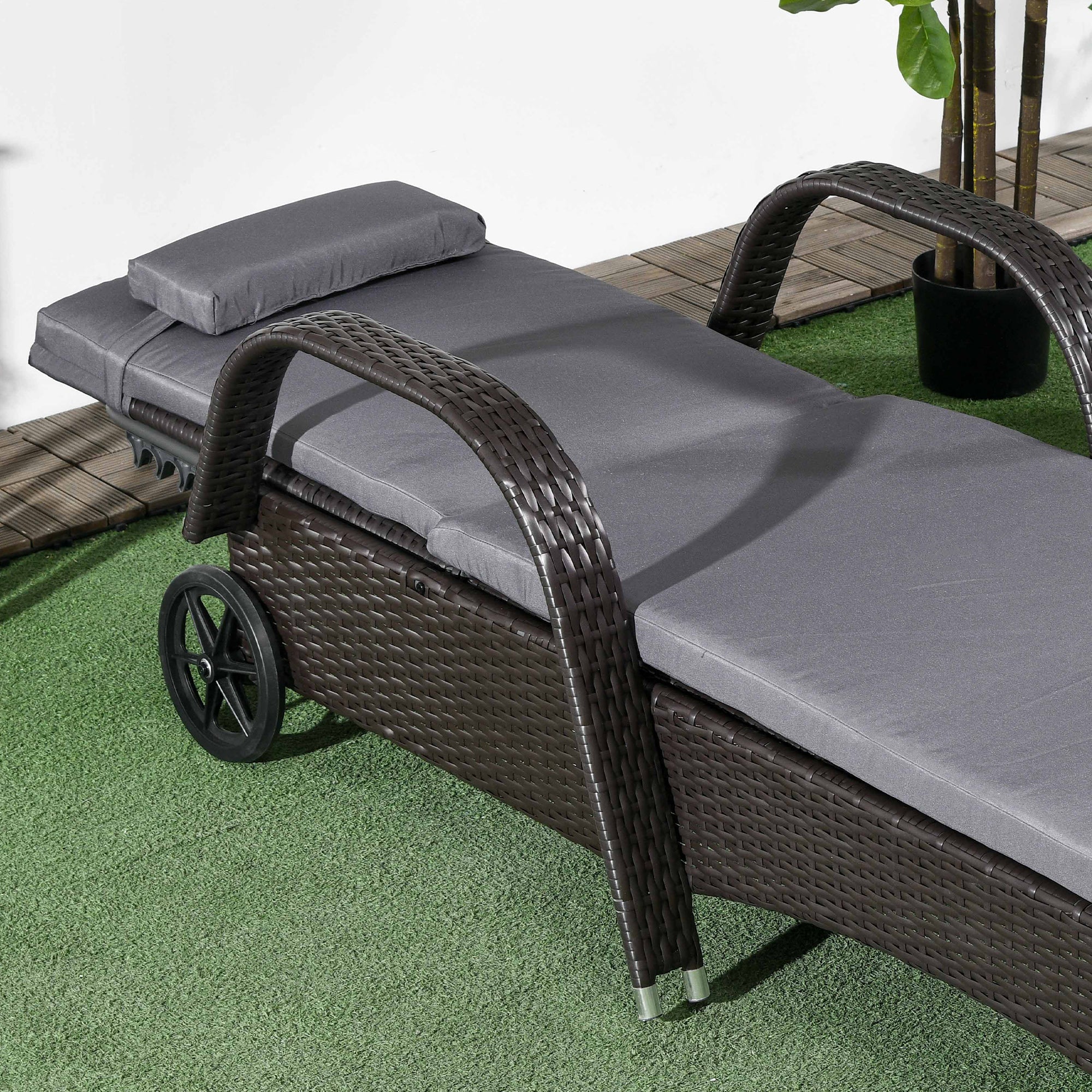 Outdoor Lounger, Deck Lounge Chair with Headrest, 5-Level Adjustable, Backrest, Wheels, Deep Coffee and Grey Chaise Loungers   at Gallery Canada