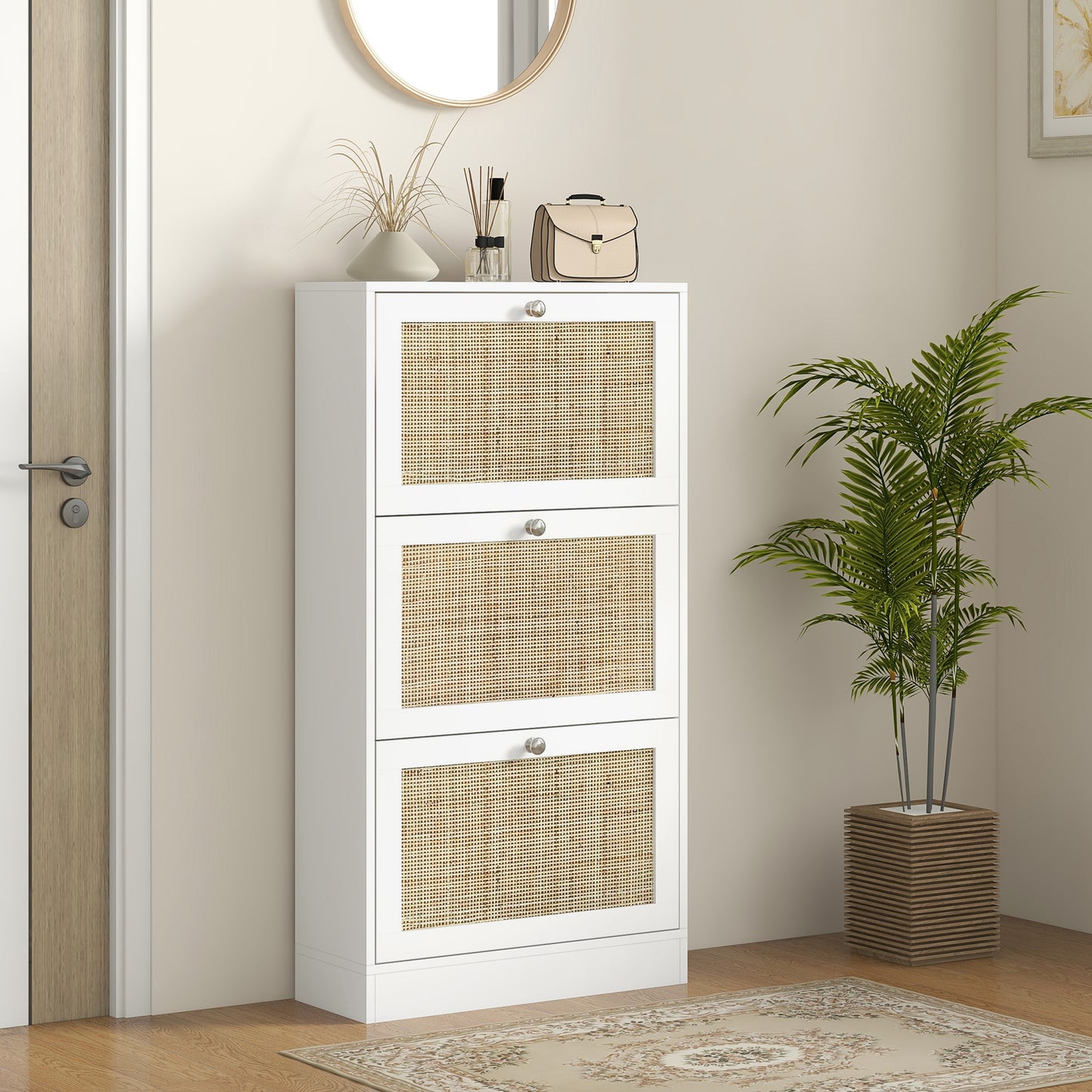 Rattan Shoe Storage Cabinet with 3 Flip Drawers and Adjustable Shelves, Entryway Shoe Cabinet for 18 Pairs, White Shoe Storage Cabinets & Racks   at Gallery Canada