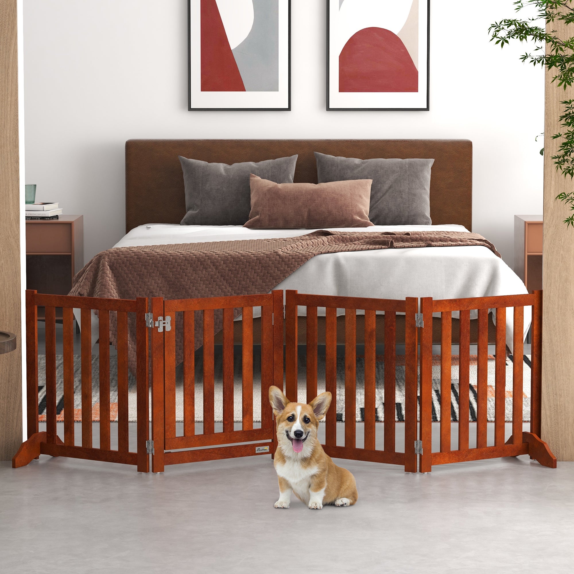 Foldable Dog Gate with Door, 4 Panels Fressstanding Pet Gate, Brown Houses, Kennels & Pens at Gallery Canada