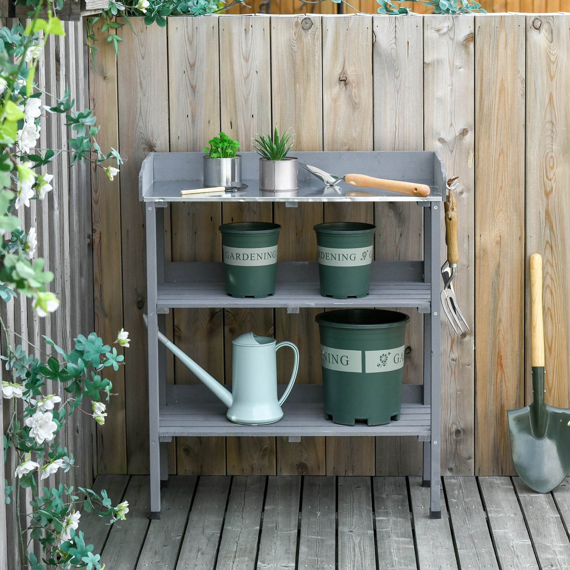 Outdoor Garden Wooden Potting Bench Work Station Table Tool Storage Shelf w/ Hooks, Grey Potting Benches & Tables at Gallery Canada