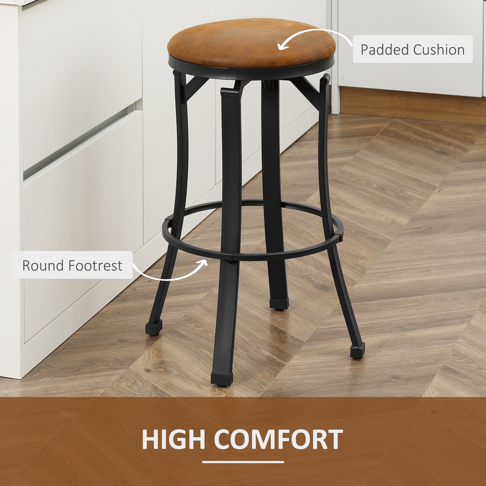 Vintage Swivel Bar Stools with Footrest, Microfiber Cloth, Steel Legs, Brown Bar Stools   at Gallery Canada