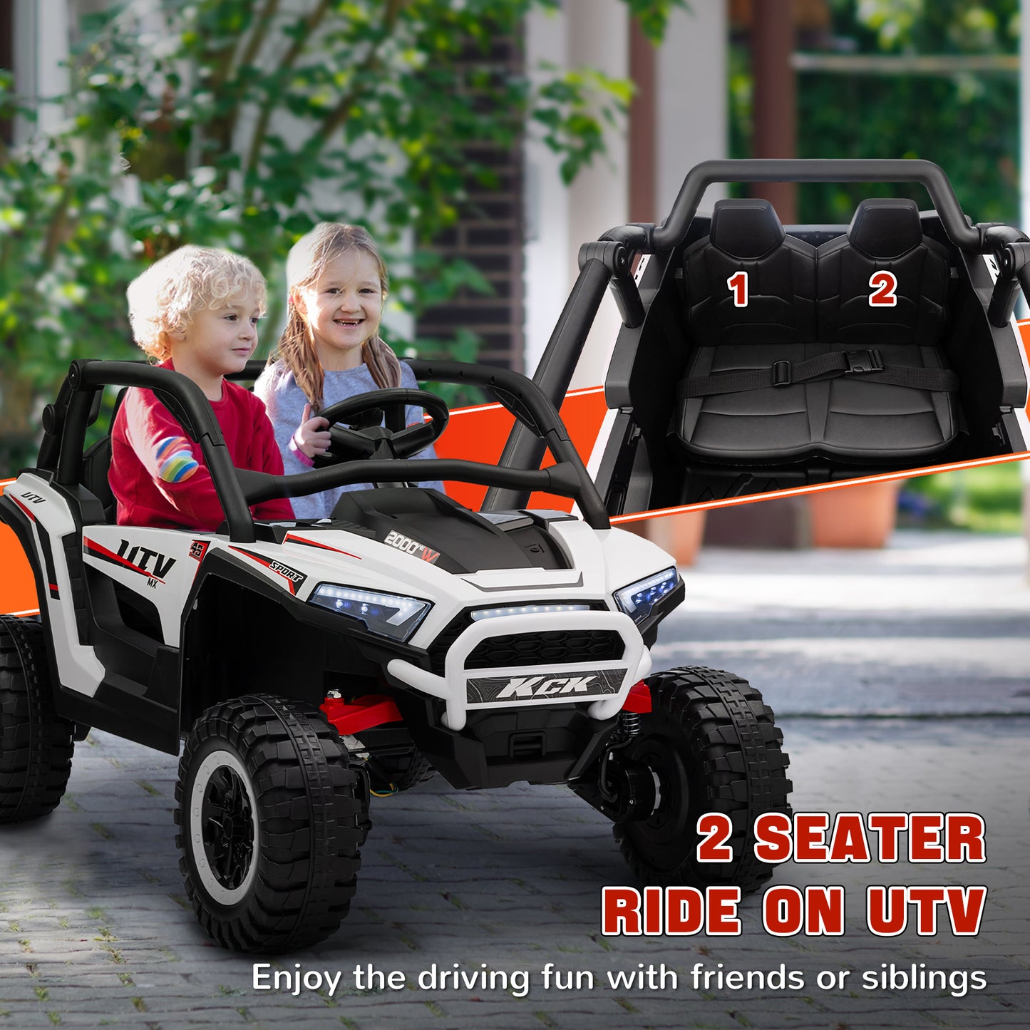 2 Seater 24V 7AH Ride on Truck, Electric Car for Kids w/ Spring Suspension, Remote Lights, Horn, Music, White Electric Toy Cars   at Gallery Canada