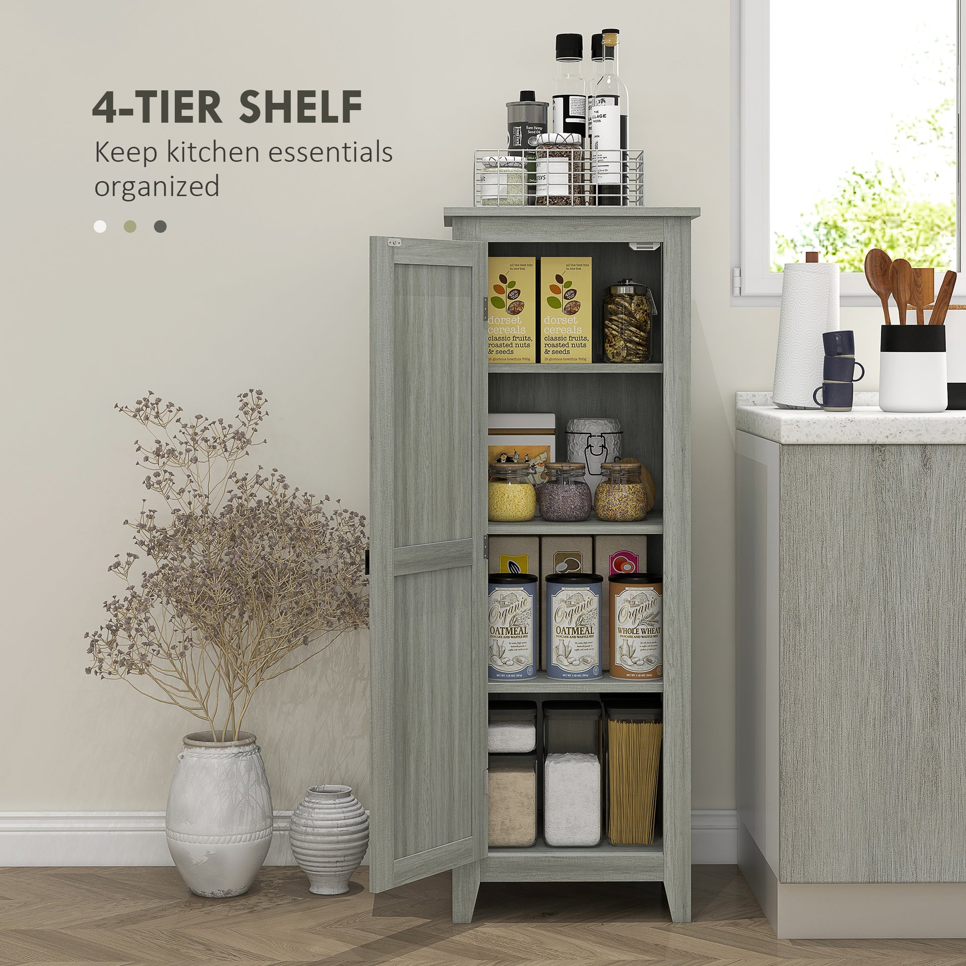 48" Kitchen Pantry Storage Cabinet w/ Barn Door, Kitchen Pantry Cabinet w/ Adjustable Shelves, Grey Wood Grain Kitchen Pantry Cabinets   at Gallery Canada