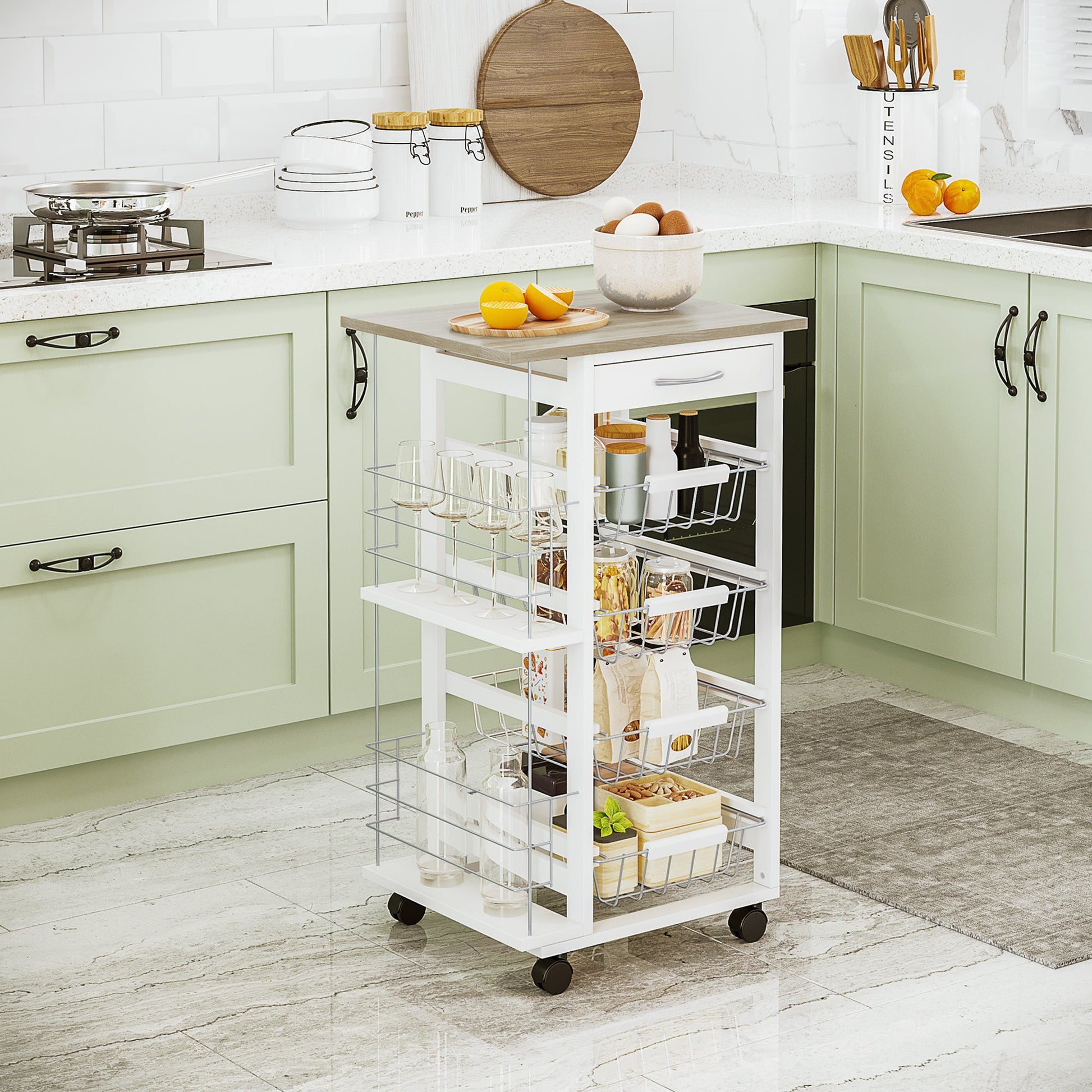 Rolling Kitchen Cart, Utility Storage Cart with 4 Baskets, Drawer, Side Racks, Wheels for Dining Room, Natural and White Kitchen Islands & Kitchen Carts   at Gallery Canada