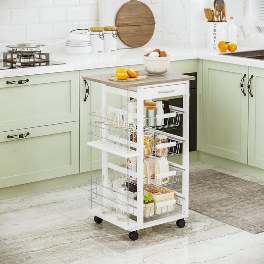Rolling Kitchen Cart, Utility Storage Cart with 4 Baskets, Drawer, Side Racks, Wheels for Dining Room, Natural and White - Gallery Canada