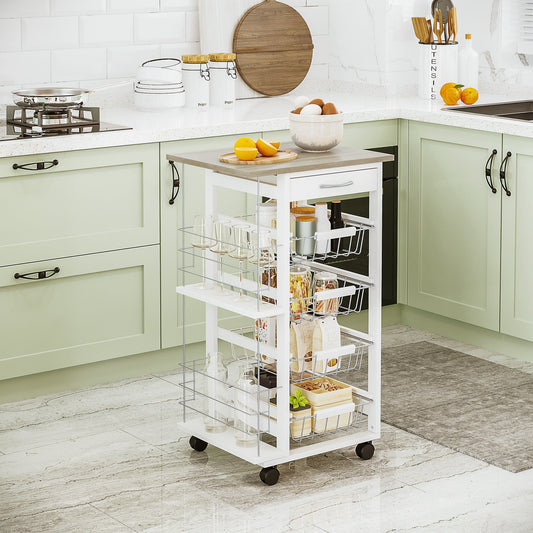 Rolling Kitchen Cart, Utility Storage Cart with 4 Baskets, Drawer, Side Racks, Wheels for Dining Room, Natural and White Kitchen Islands & Kitchen Carts Natural and White  at Gallery Canada