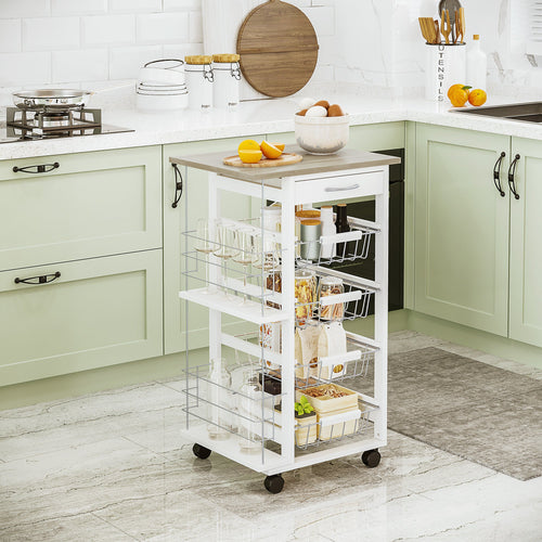 Rolling Kitchen Cart, Utility Storage Cart with 4 Baskets, Drawer, Side Racks, Wheels for Dining Room, Natural and White