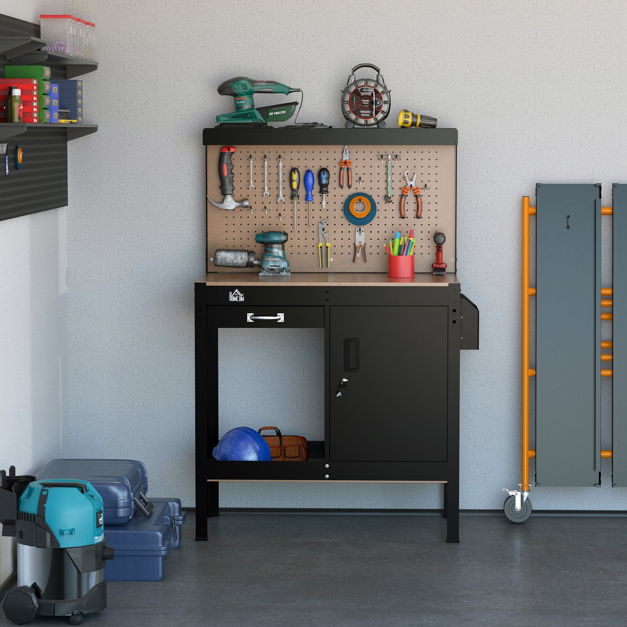 Multipurpose Tool Workbench for Garage, Garage Bench with Storage Drawer, Peg Board, Lockable Cabinet Office Desks & Work Stations at Gallery Canada