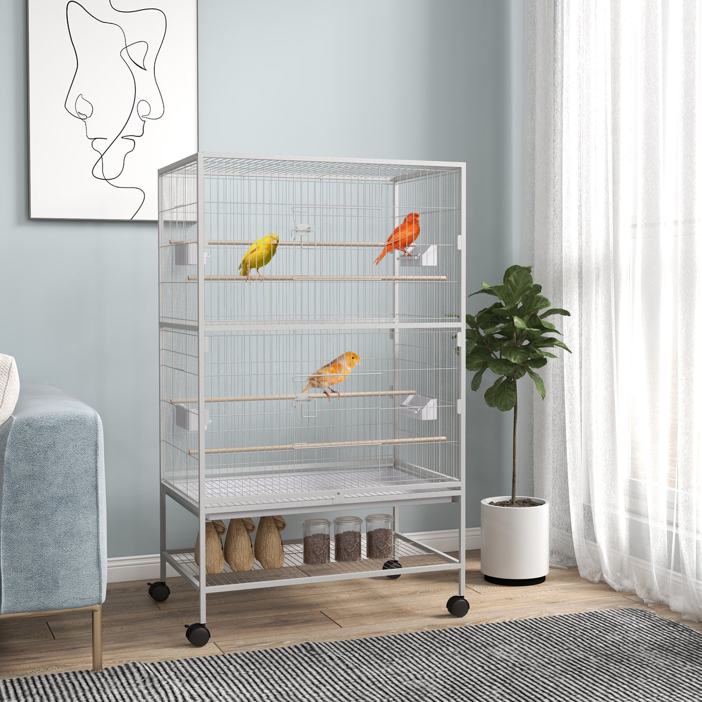 52" Large Rolling Steel Bird Cage Bird House with Rolling Stand, Storage Shelf, Wood Perch, Food Container, Grey Bird Cages Grey  at Gallery Canada