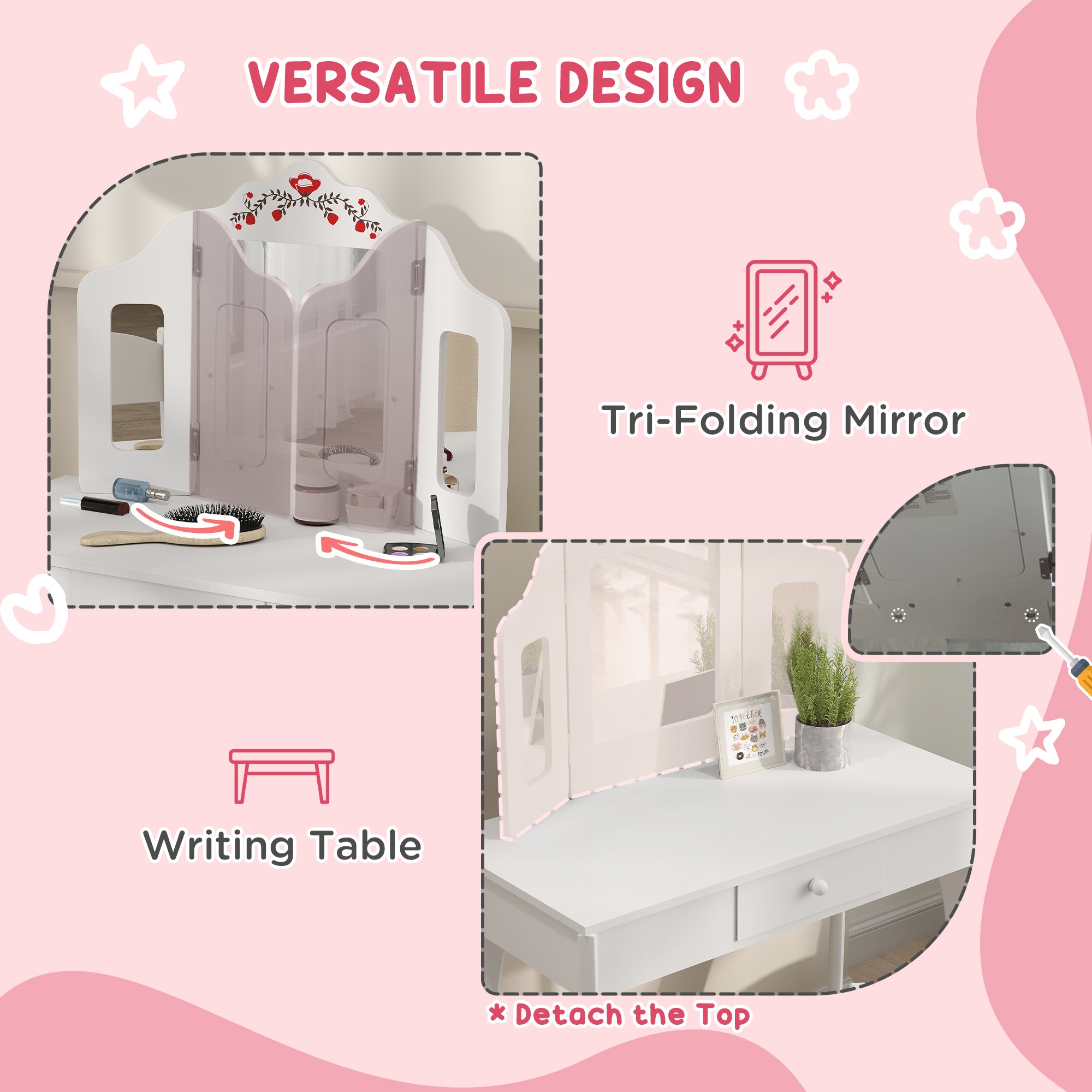 Kids Vanity Set, Dual-Use Dressing Table with Removable Tri-Folding Mirror and Drawer, for Ages 3-8, White Toy Vanity   at Gallery Canada