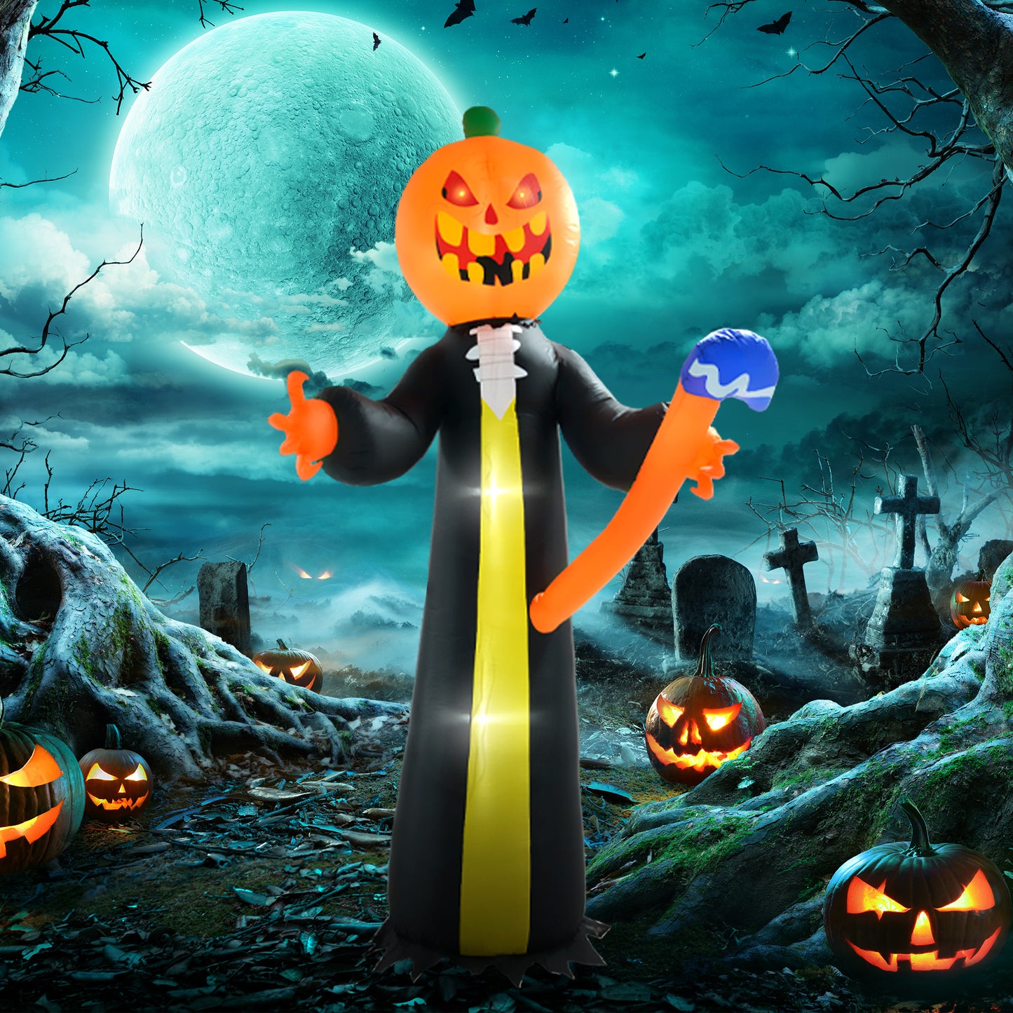 10ft Halloween Inflatable Pumpkin Head Ghost with Hammer, Built-in LED Lights for Yard, Lawn Decoration Halloween Decorations Black  at Gallery Canada