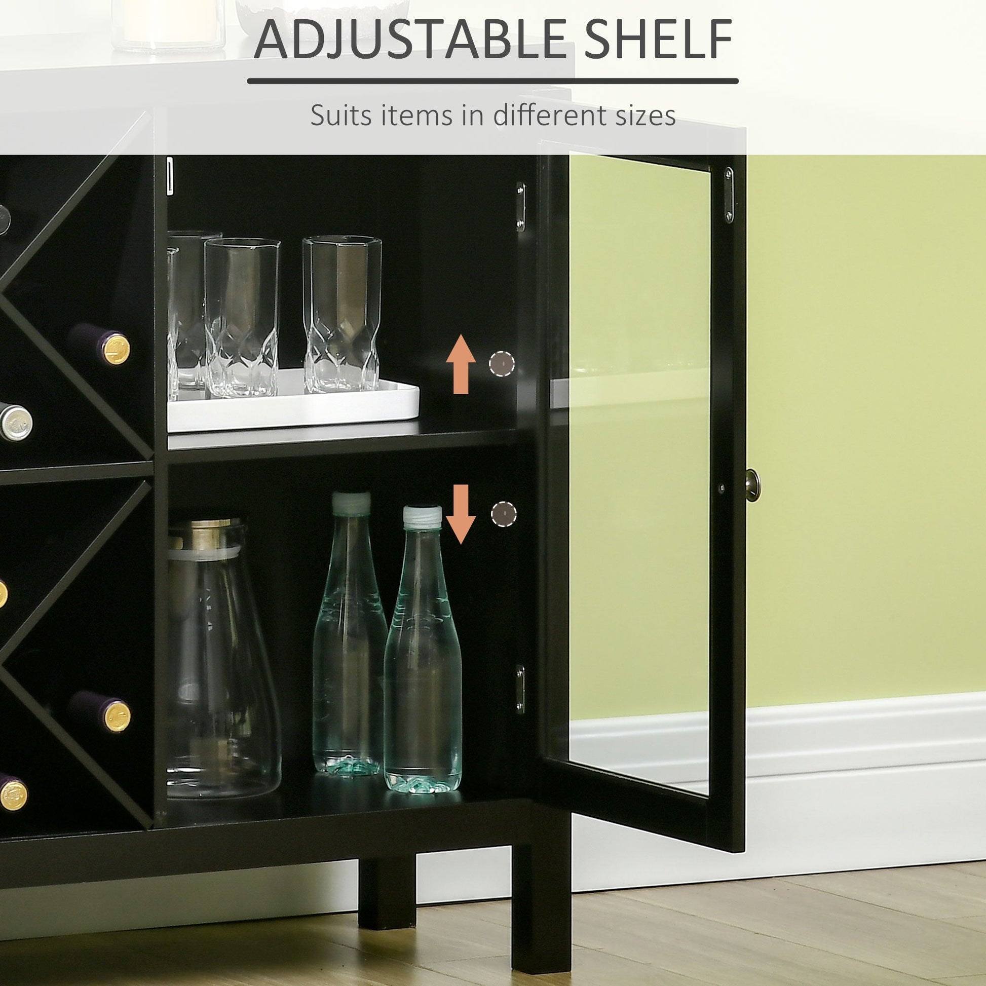 Modern Kitchen Sideboard Buffet with Wine Rack, Glass Doors, Adjustable Shelves, Black Bar Cabinets   at Gallery Canada