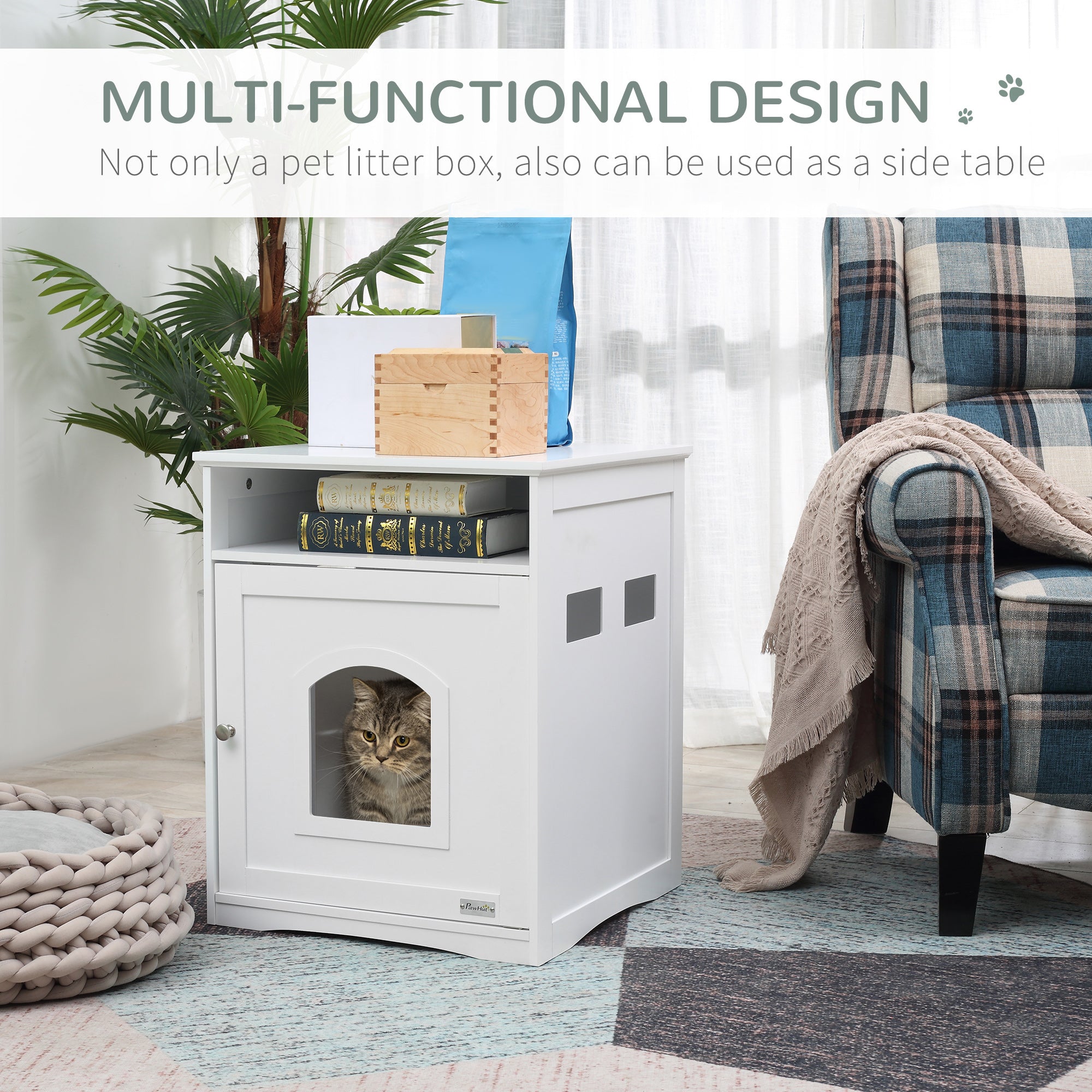 Cat Litter Box Enclosure Hidden Cabinet Cat Furniture Indoor Cat Washroom Nightstand End Table with Cat-sized Hole Wide Tabletop Storage Shelf White Cat Litter Box Enclosures   at Gallery Canada