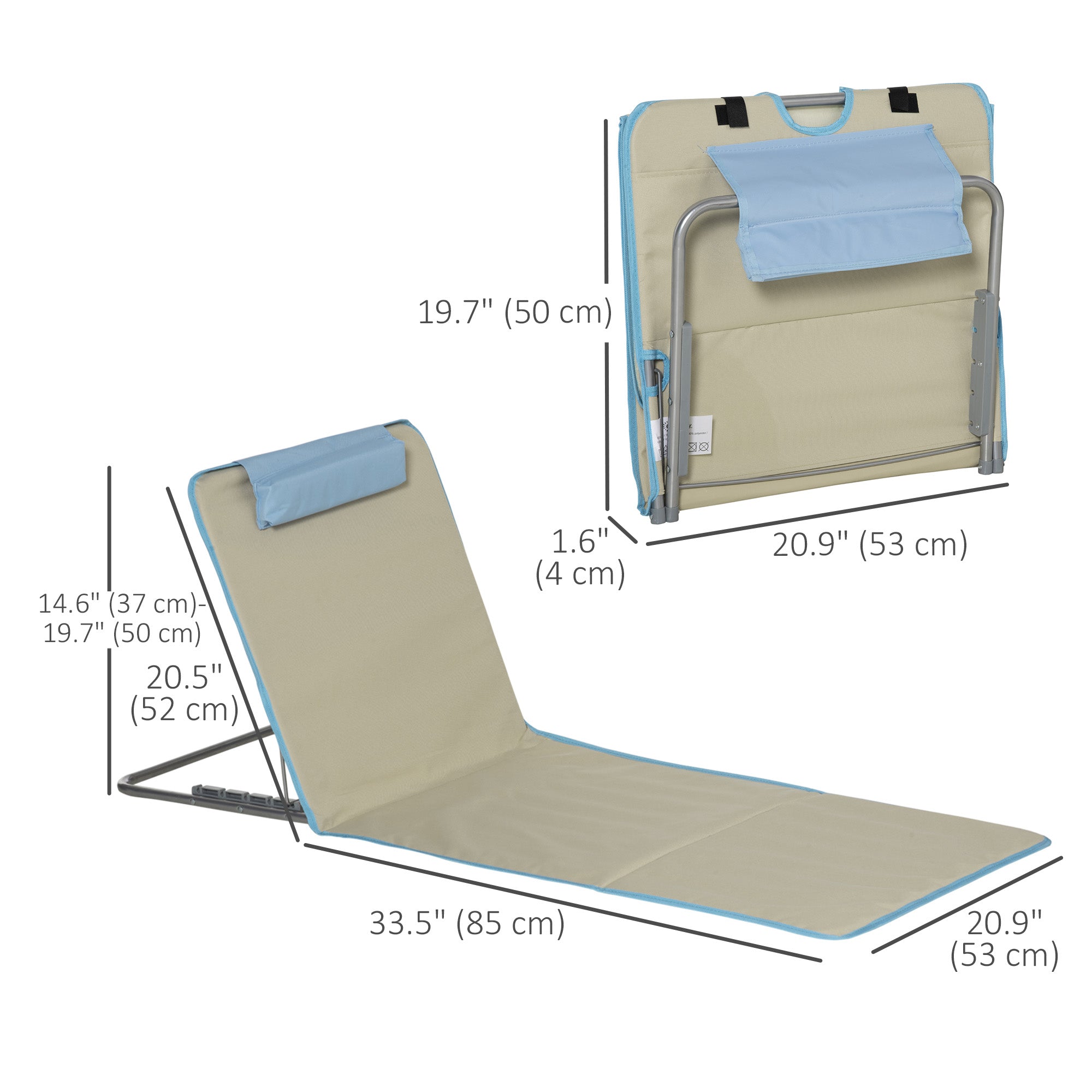 Set of 2 Beach Lounge Chair, Folding Ground Beach Mat w/ Adjustable Back, Steel Frame, Head Pillow and Carry Bag, Beige Beach Accessories at Gallery Canada