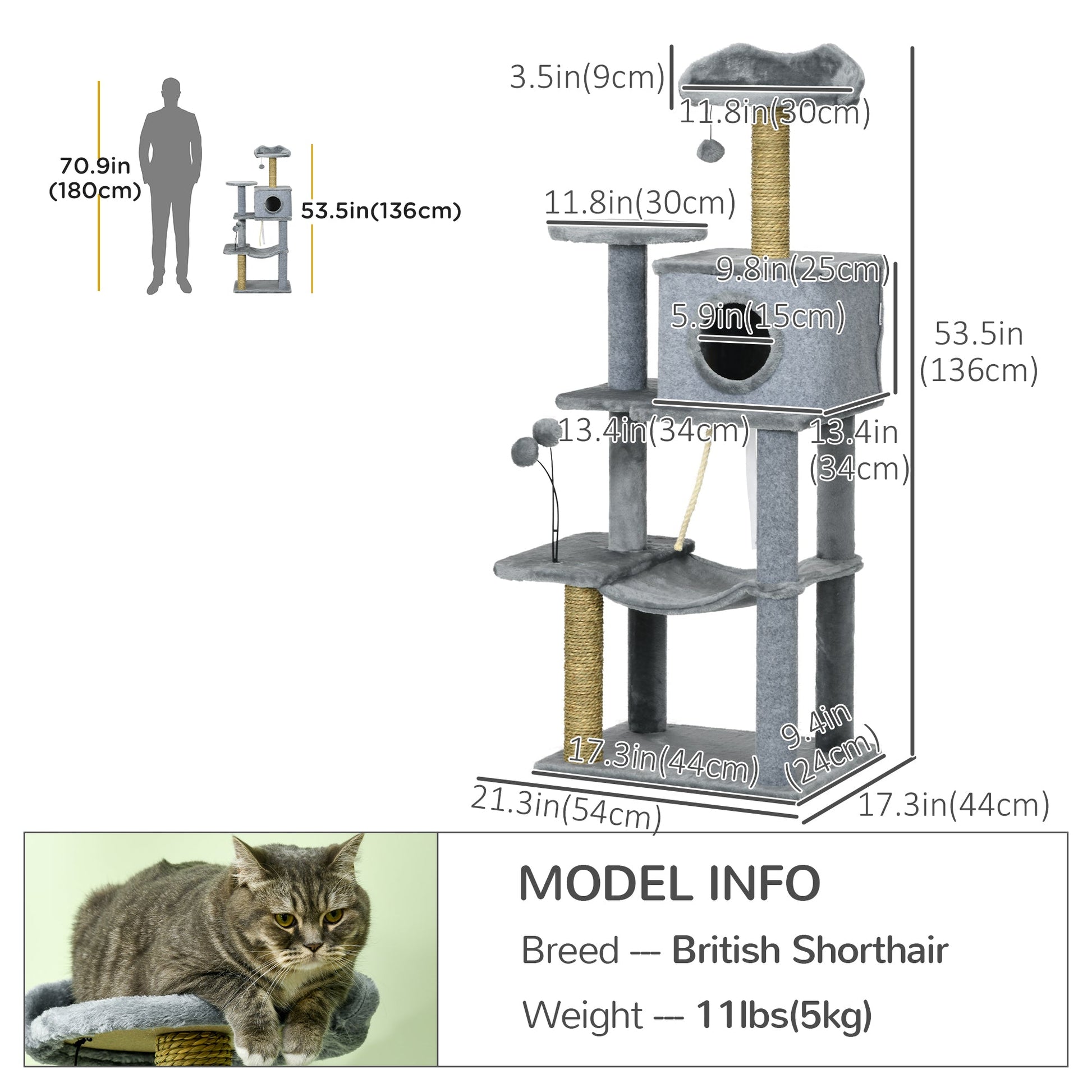 54" Cat Tree for Larger Cats Adult with Hammock, Tal Cat Tree Tower with Scratching Post, Condo, Platforms, Play Balls for Indoor Cats, Grey Cat Towers   at Gallery Canada