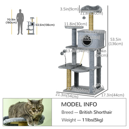 54" Cat Tree for Larger Cats Adult with Hammock, Tal Cat Tree Tower with Scratching Post, Condo, Platforms, Play Balls for Indoor Cats, Grey Cat Towers   at Gallery Canada