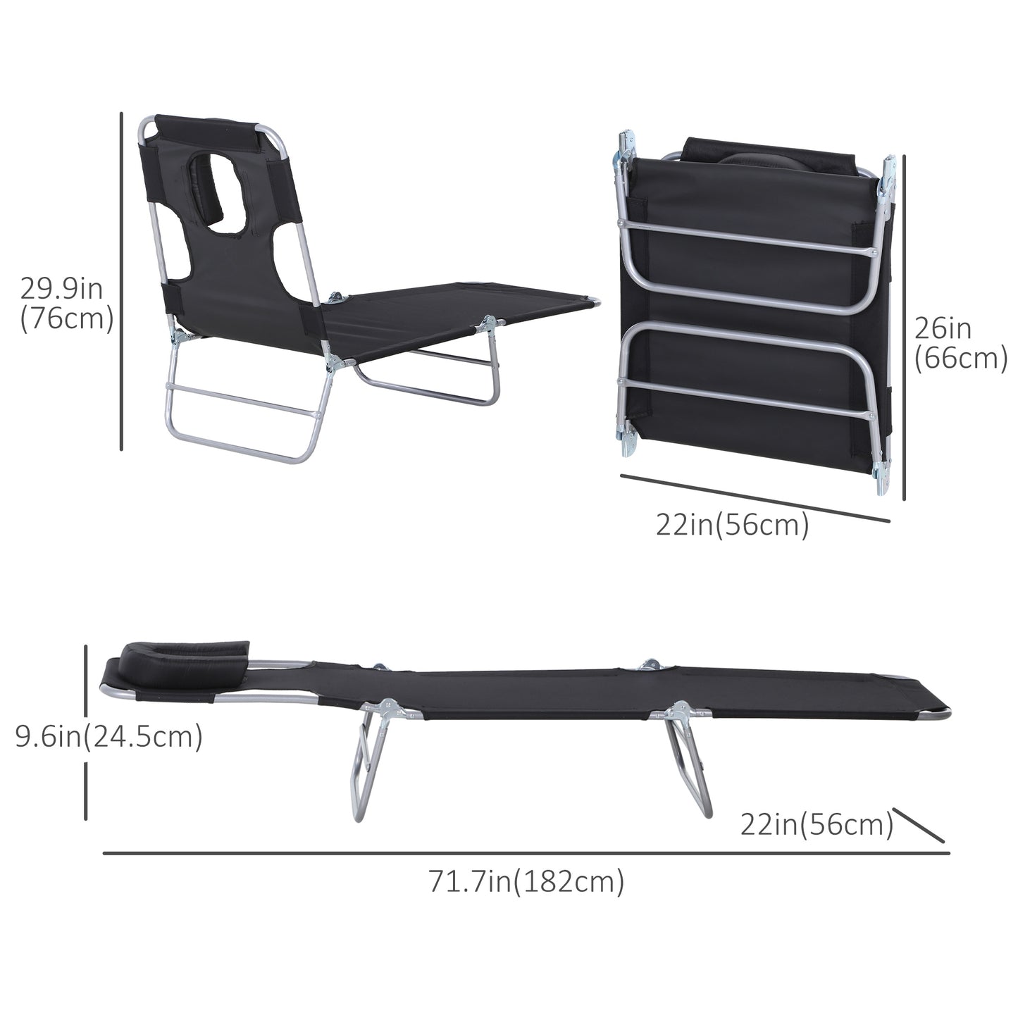 Outdoor Lounge Chair, Adjustable Folding Chaise Lounge with Face Cavity, Tanning Chair Sun Lounger Bed Recliner, Black Lounger Chairs   at Gallery Canada