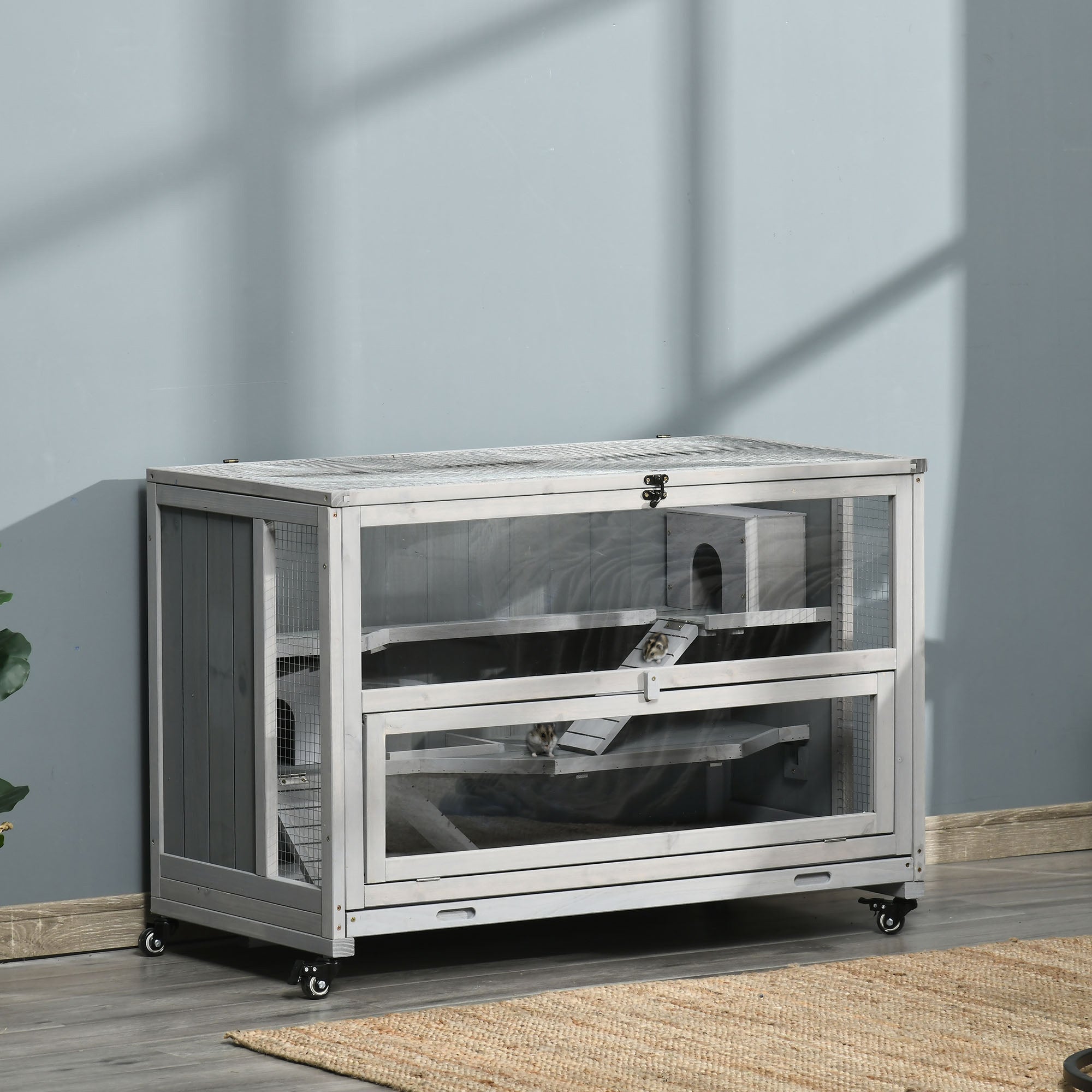 3 Tier Wooden Hamster Cage with Wheels for Dwarf Hamster, Light Grey Hamster Cages at Gallery Canada