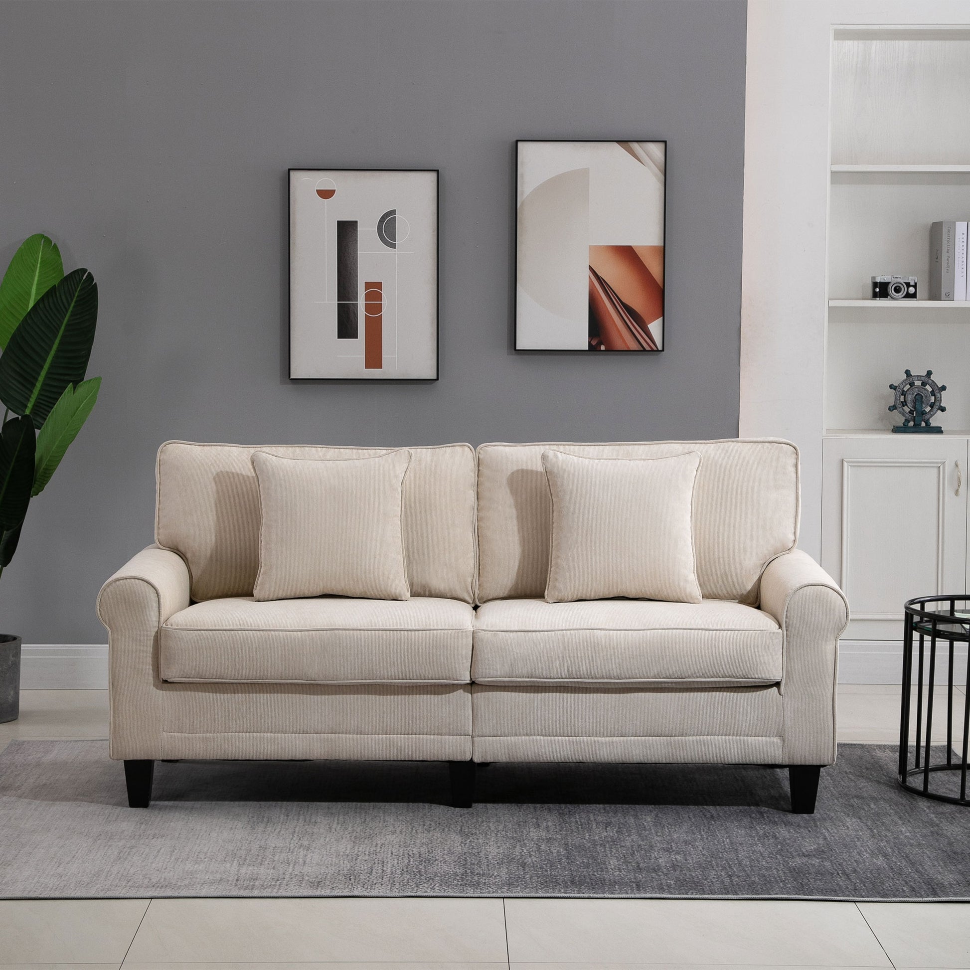 Modern 3 Seater Sofa, Corduroy Fabric 3 Seater Couch with Pine Wood Legs and Rolled Armrests for Living Room, Beige 3-Seater Sofas Beige  at Gallery Canada