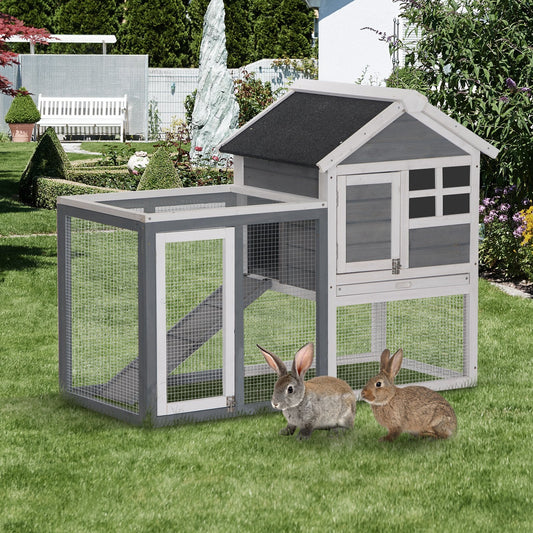 48" Weatherproof Wooden Rabbit Hutch With Slant Roof And Screened Outdoor Run, Grey Rabbit Hutch White and Grey  at Gallery Canada