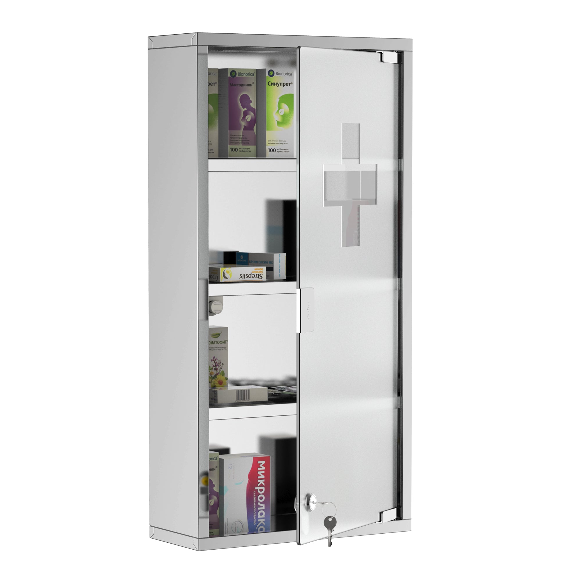 Wall Mount Medicine Cabinet, Bathroom Cabinet with 4 Tier Shelves, Stainless Steel Frame and Glass Door, Lockable with 2 Keys, Silver, 12