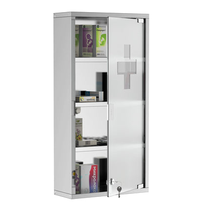 Wall Mount Medicine Cabinet, Bathroom Cabinet with 4 Tier Shelves, Stainless Steel Frame and Glass Door, Lockable with 2 Keys, Silver, 12" x 23.5" Mirror Medicine Cabinets   at Gallery Canada