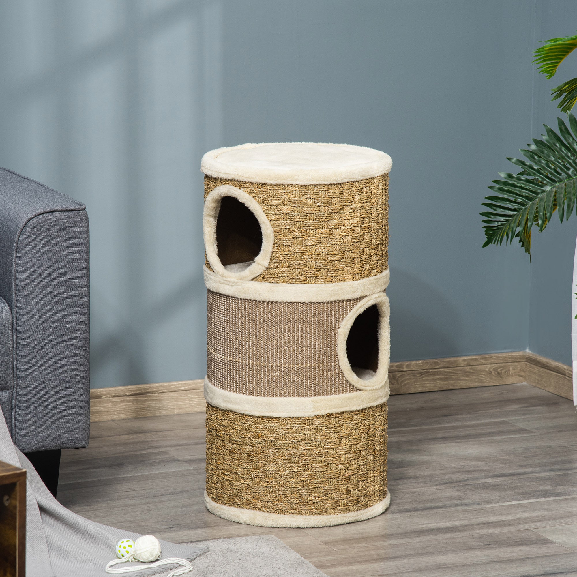 Cat Condo 3 Story Three Holes with Sisal Seaweed Scratching Cover Surface, Cat Tower for Indoor Cats, 15
