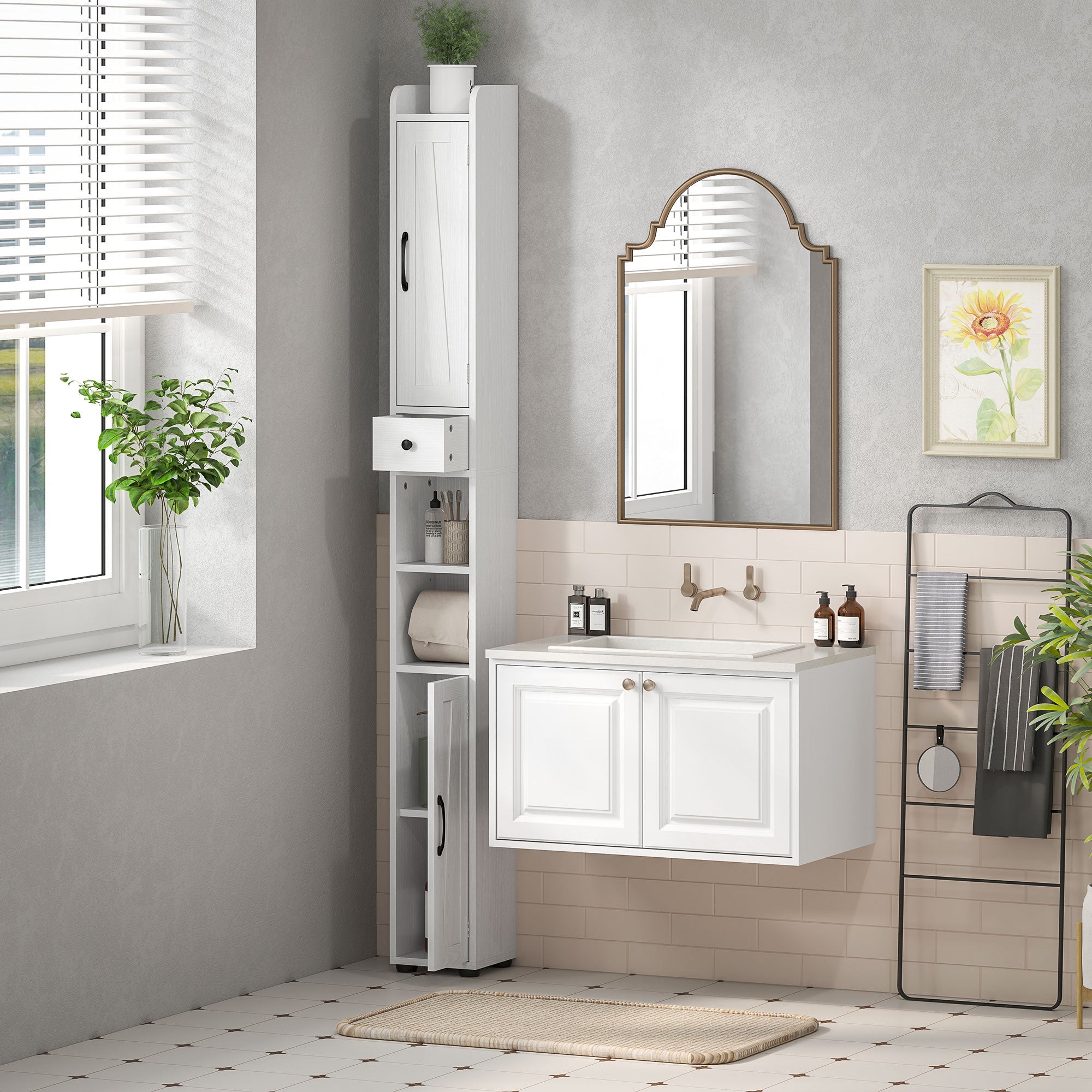 Narrow Bathroom Cabinet, Tall Bathroom Storage Cabinet with Barn Doors, Drawer and Adjustable Shelves, White Wood Grain Bathroom Cabinets at Gallery Canada