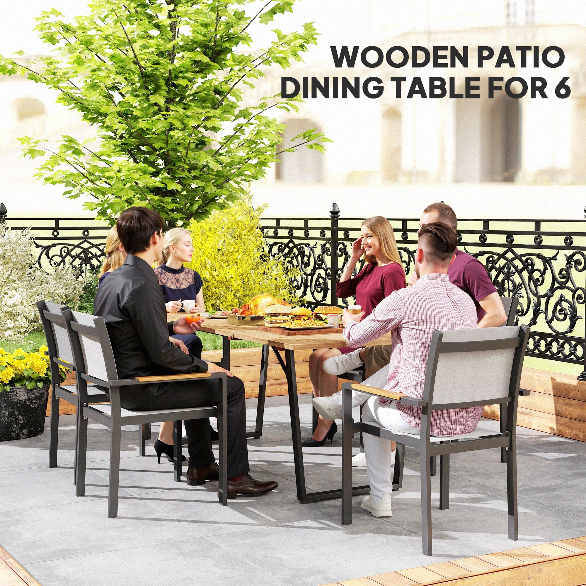 Wooden Outdoor Dining Table for 6 with 2