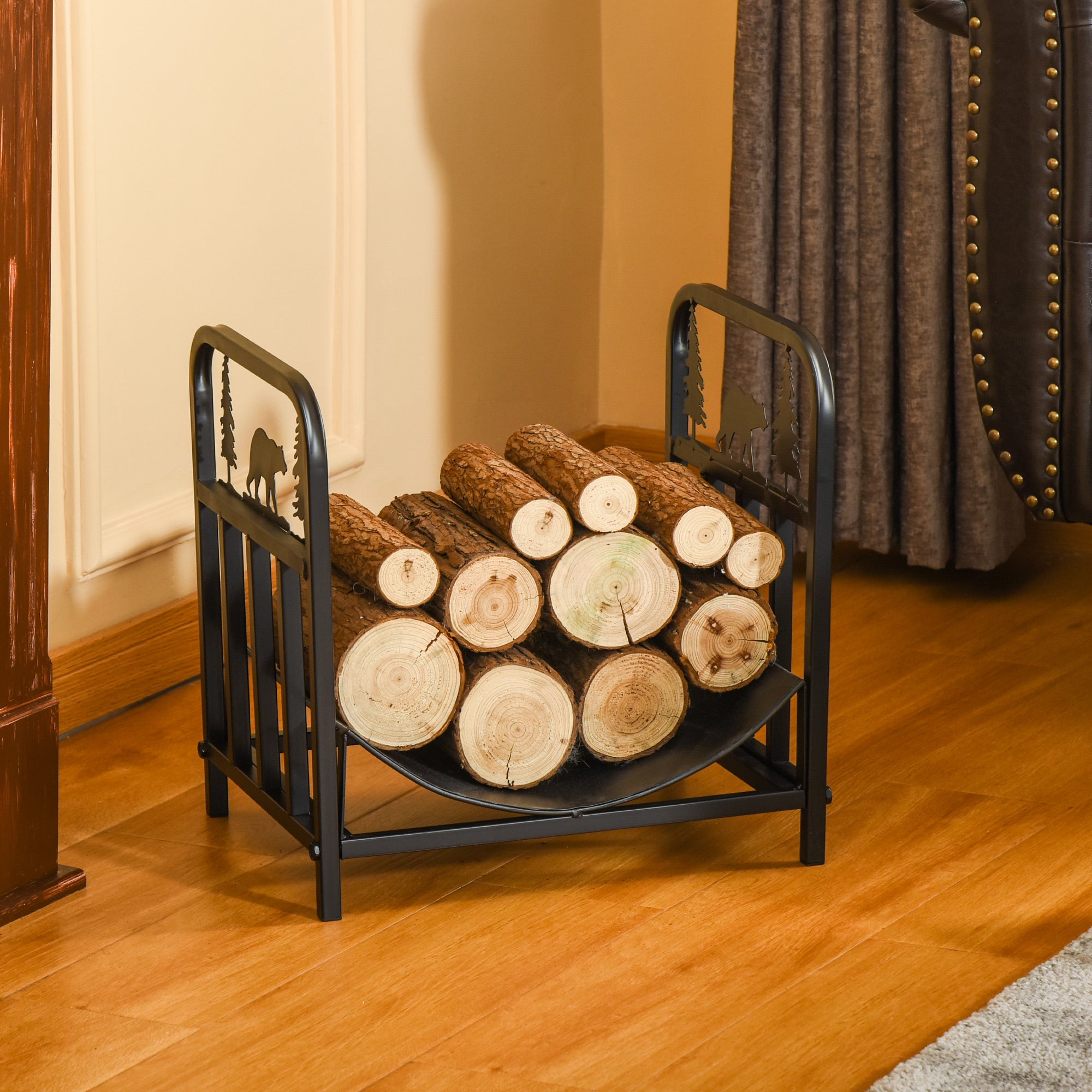 Curved Firewood Rack with Bear and Pine Tree Design, 17 Inch Log Holder Storage Rack with 110 lbs. Capacity, Black Firewood Racks at Gallery Canada