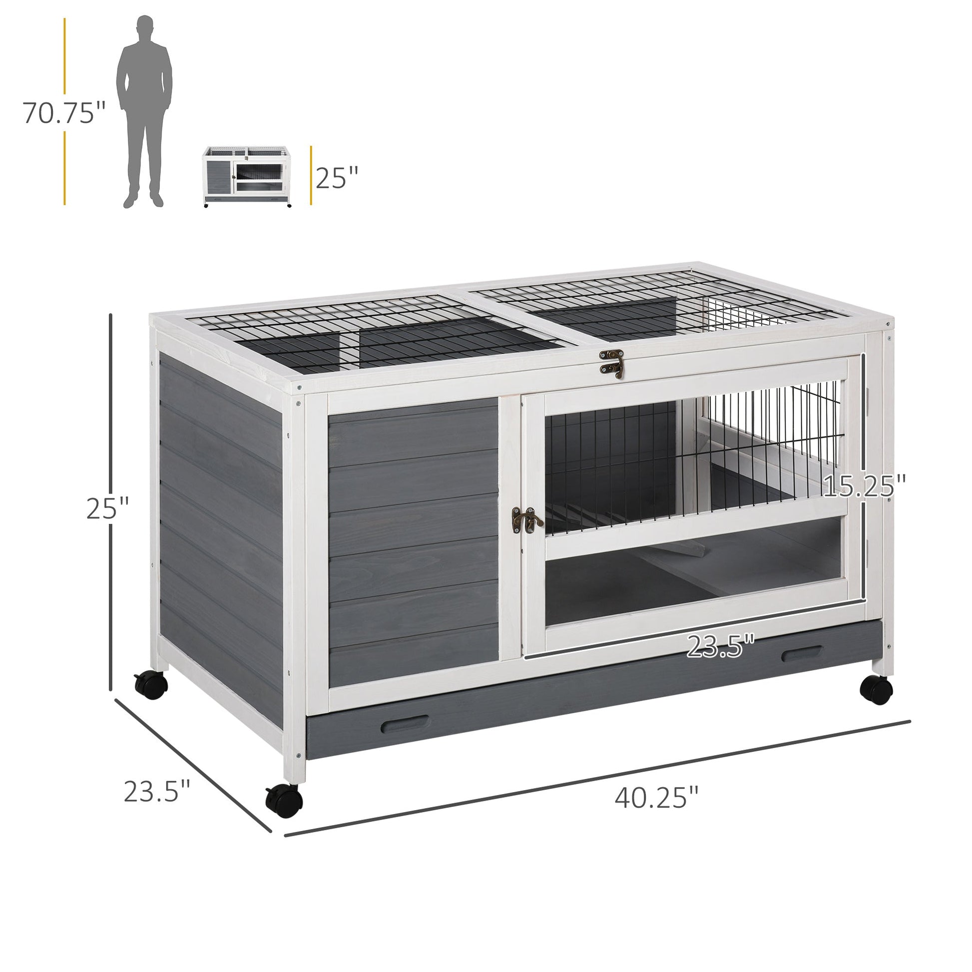 Elevated Wooden Rabbit Hutch with Slide-out Tray and Lockable Door, Grey Rabbit Hutch   at Gallery Canada