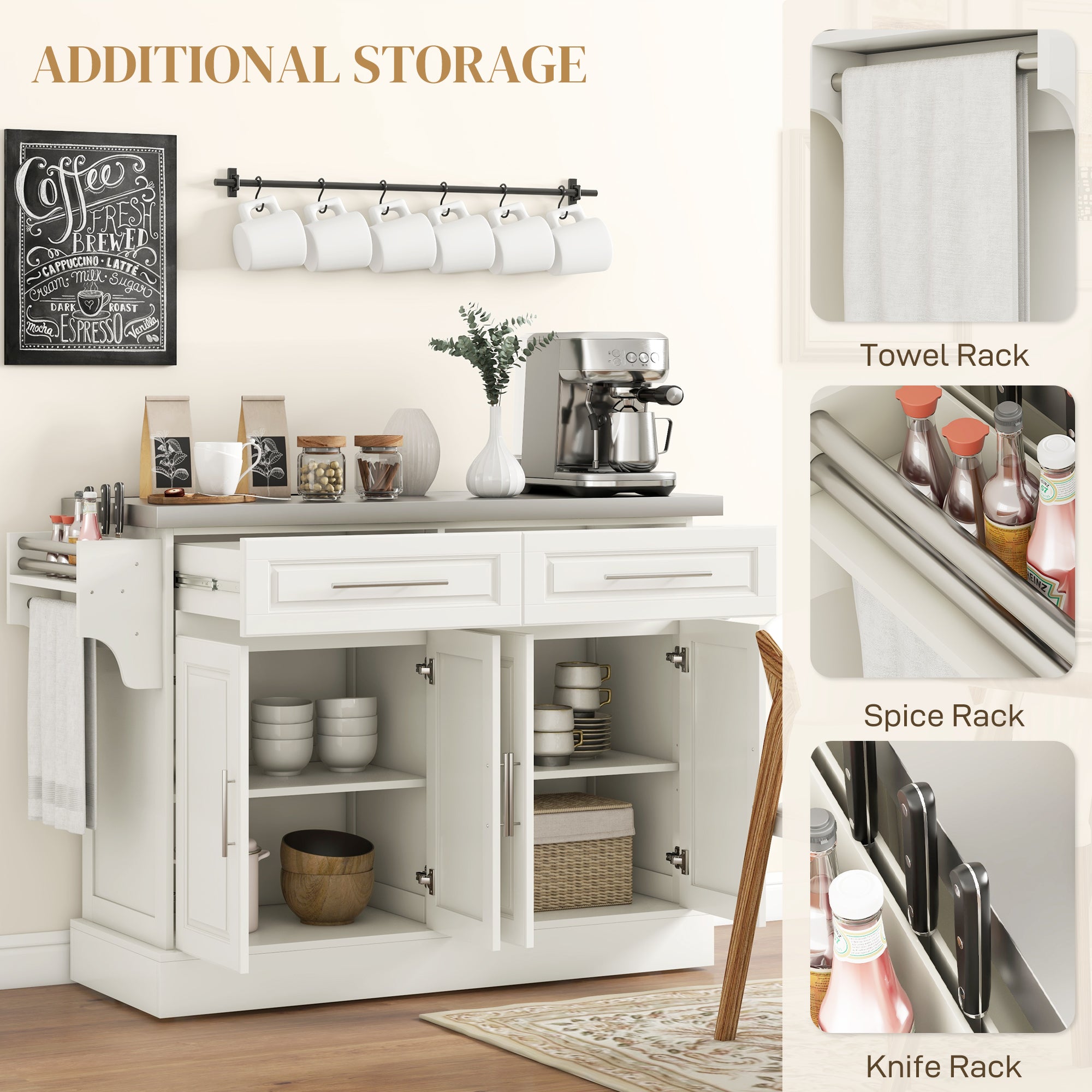 Rolling Kitchen Island with Storage and Stainless Steel Top, Kitchen Trolley with Drawers, Cabinets, Towel Rack, Cream Kitchen Islands & Kitchen Carts at Gallery Canada