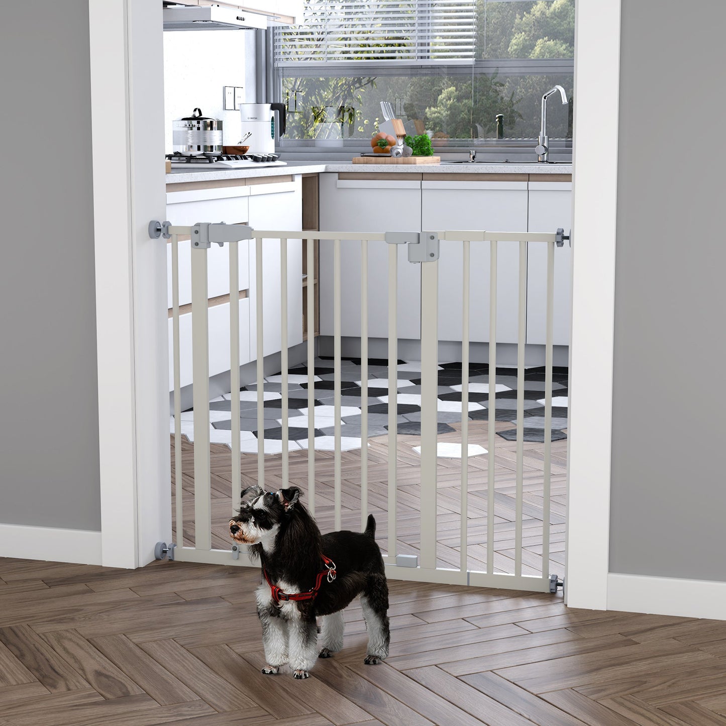 Pet Gate for Dogs, Portable Dog Gate, Walk Through Pressure Fit, Auto Close and Double Locking for Doorways, Hallways, Stairs, White Houses, Kennels & Pens   at Gallery Canada